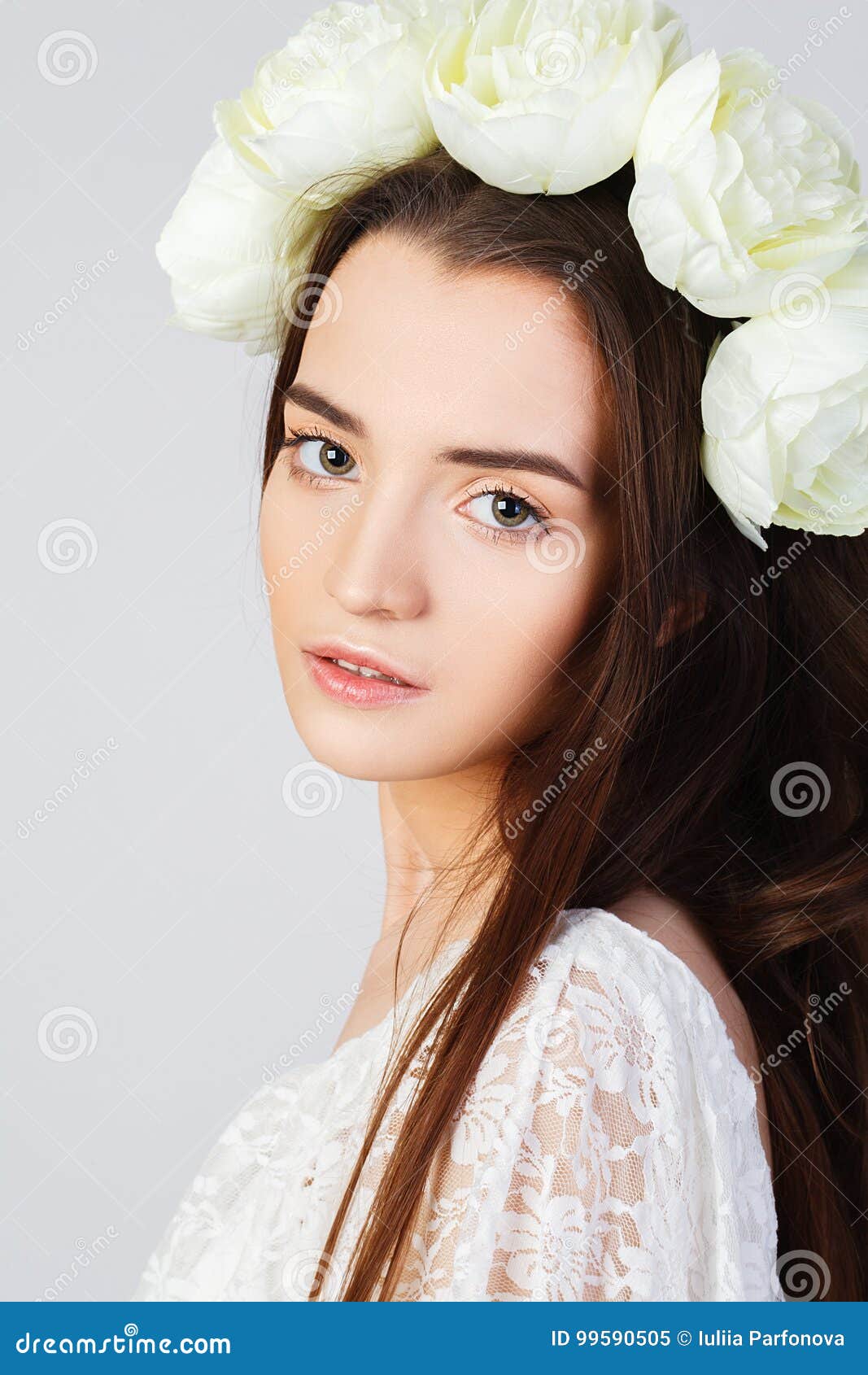 Girl with Clean Skin and Beautiful Face and Roses Hairstyle Stock Image ...