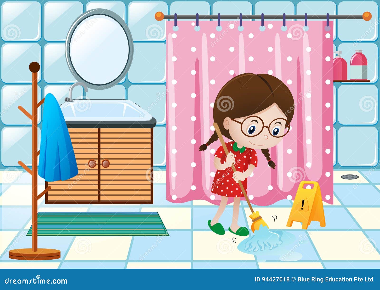 Girl Cleaning Bathroom Floor Stock Vector Illustration of background