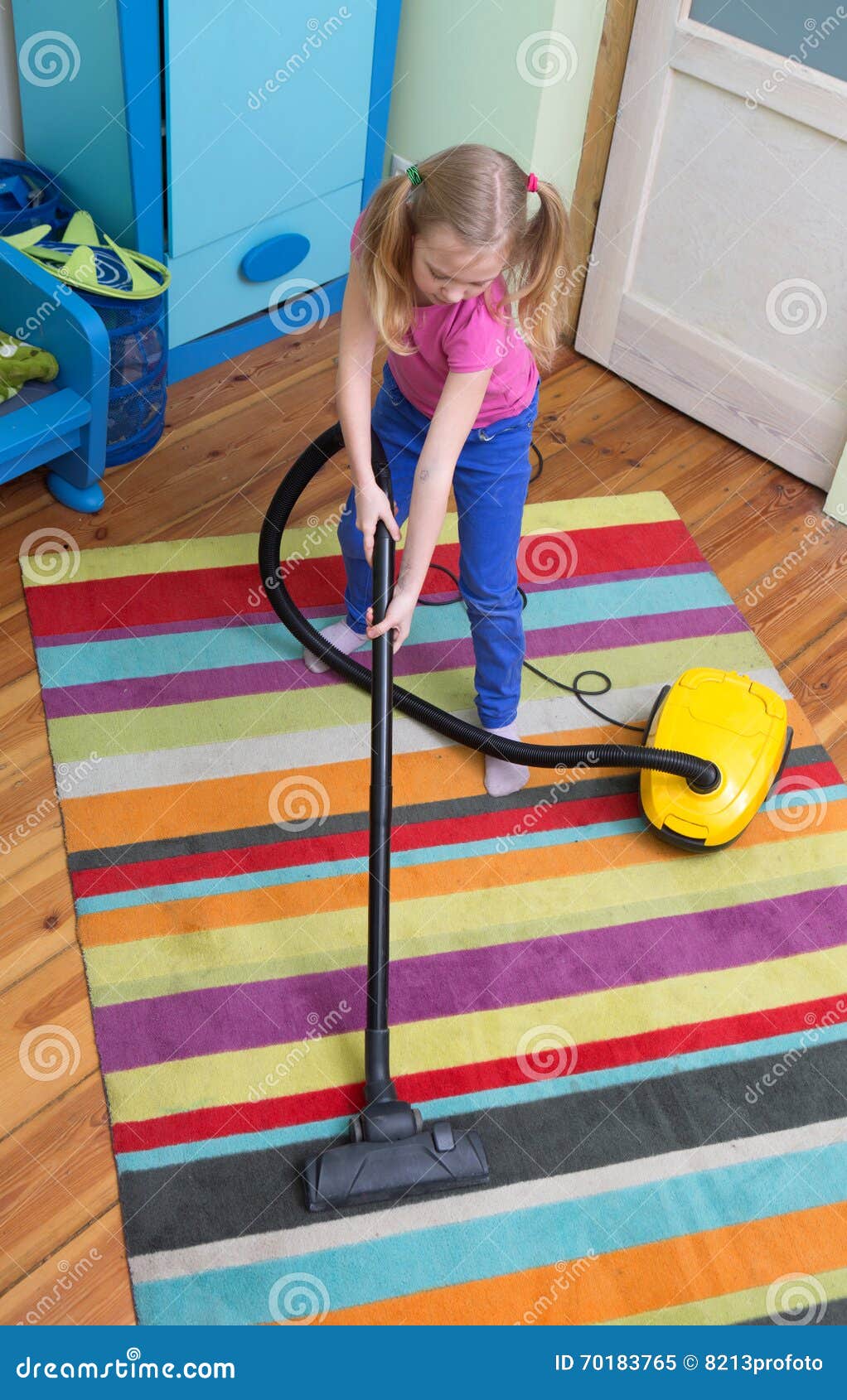 Girl Cleaning Floor With Hoover Stock Image Image Of Housewife