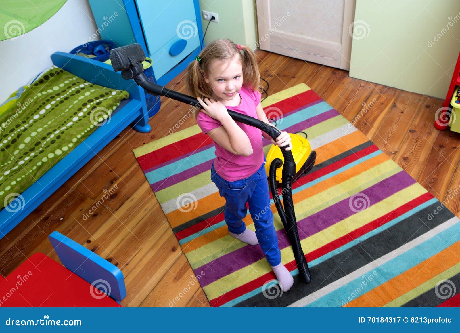 Girl Cleaning Floor With Hoover Stock Image Image Of Cleaning