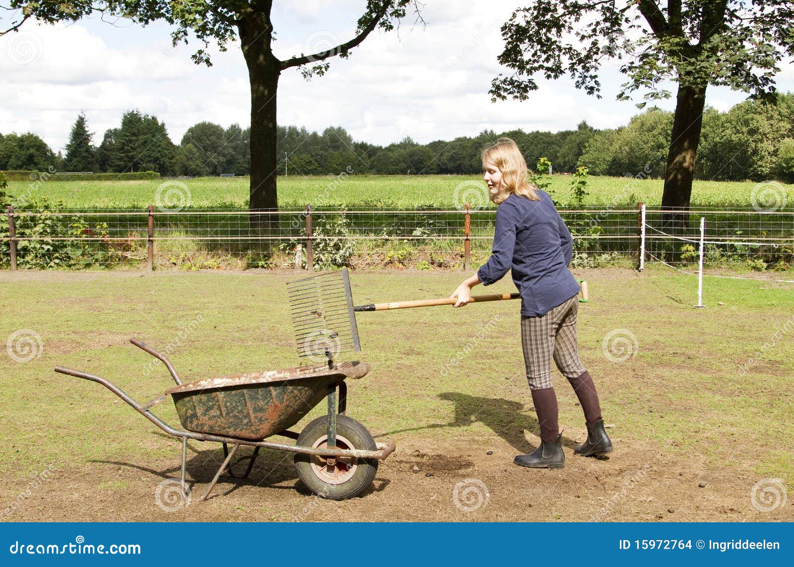 girl cleaning the manure