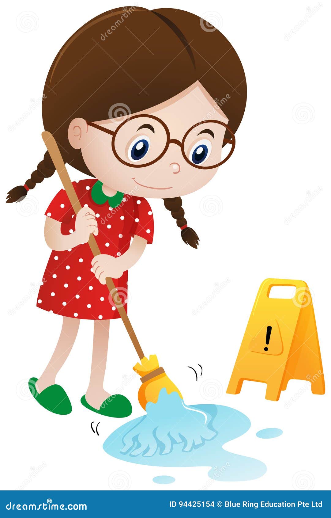 Girl Cleaning Wet Floor with Mop Stock Vector - Illustration of sign,  cartoon: 94425154