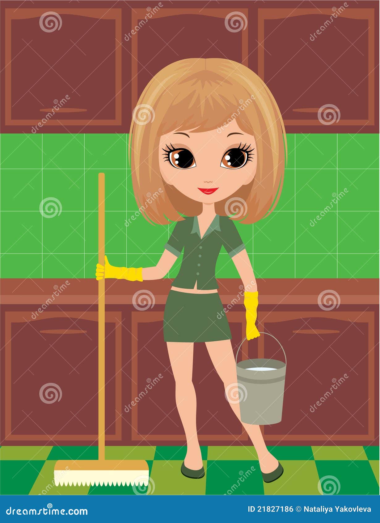 Girl cleans in rubber gloves. Vector, color full, no gradient