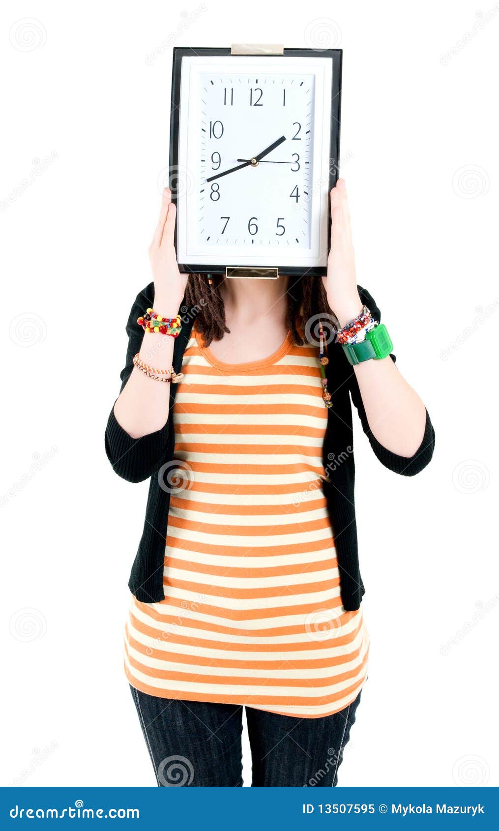 Girl with clock stock image. Image of human, front, girl 13507595