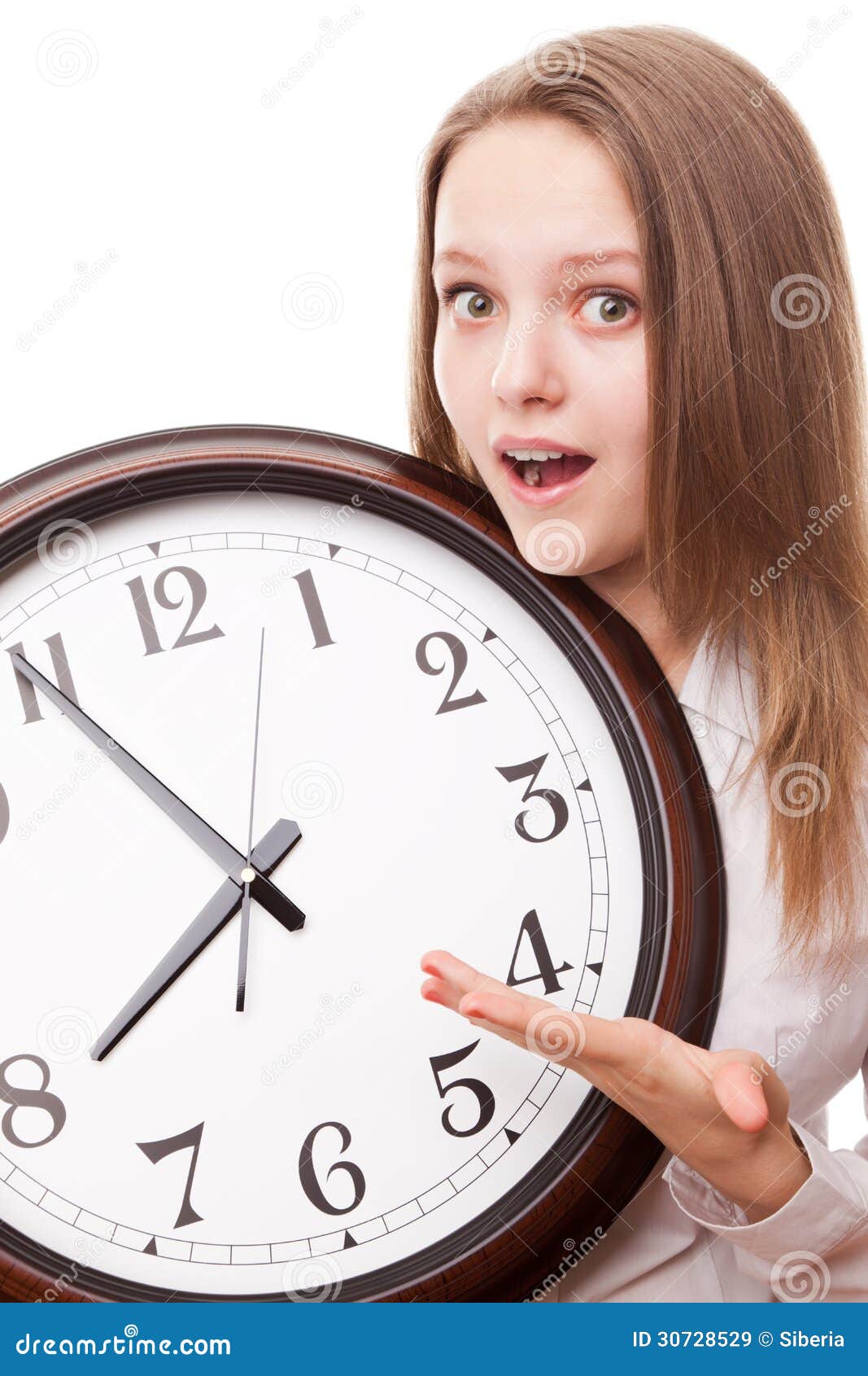 The girl with the clock stock image. Image of urgency 30728529