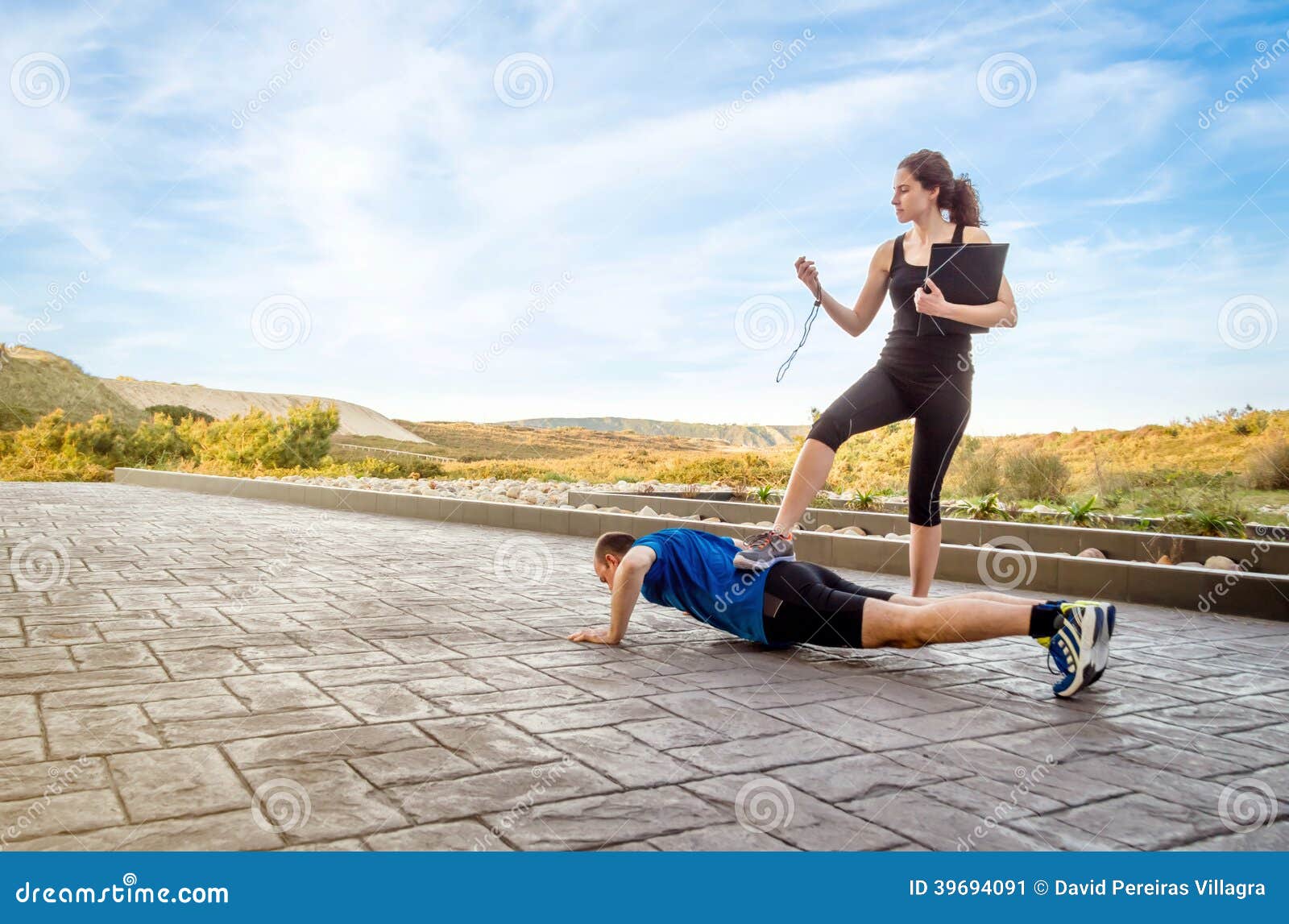 Girl Coach Training Hard A Man Through Push Ups Stock Image Image Of