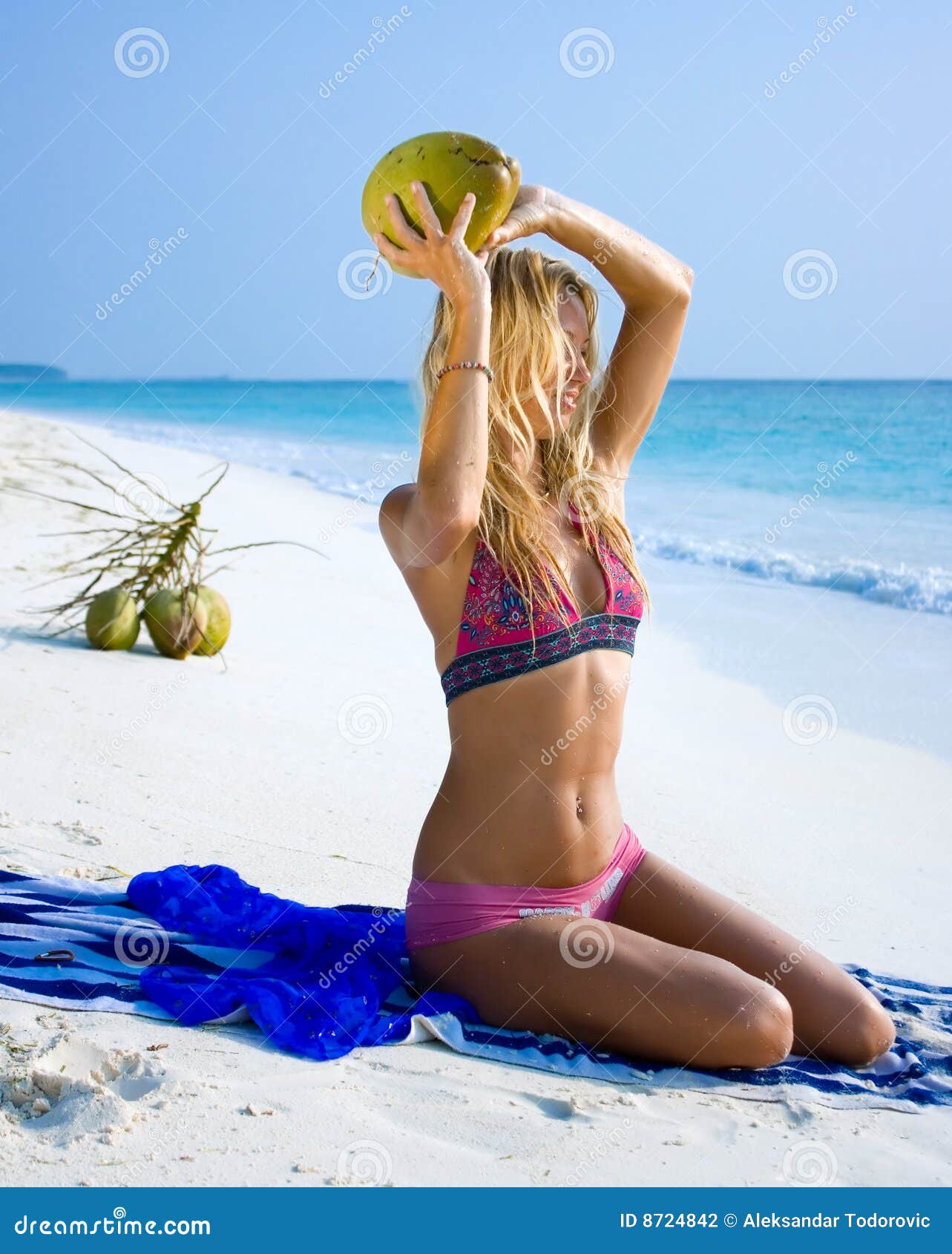 Girl with Coconut on White Sand Beach Stock Photo Image of brightly
