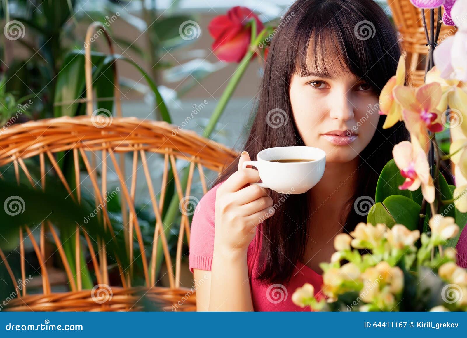 Girl with coffee in garden stock image. Image of girl 64411167