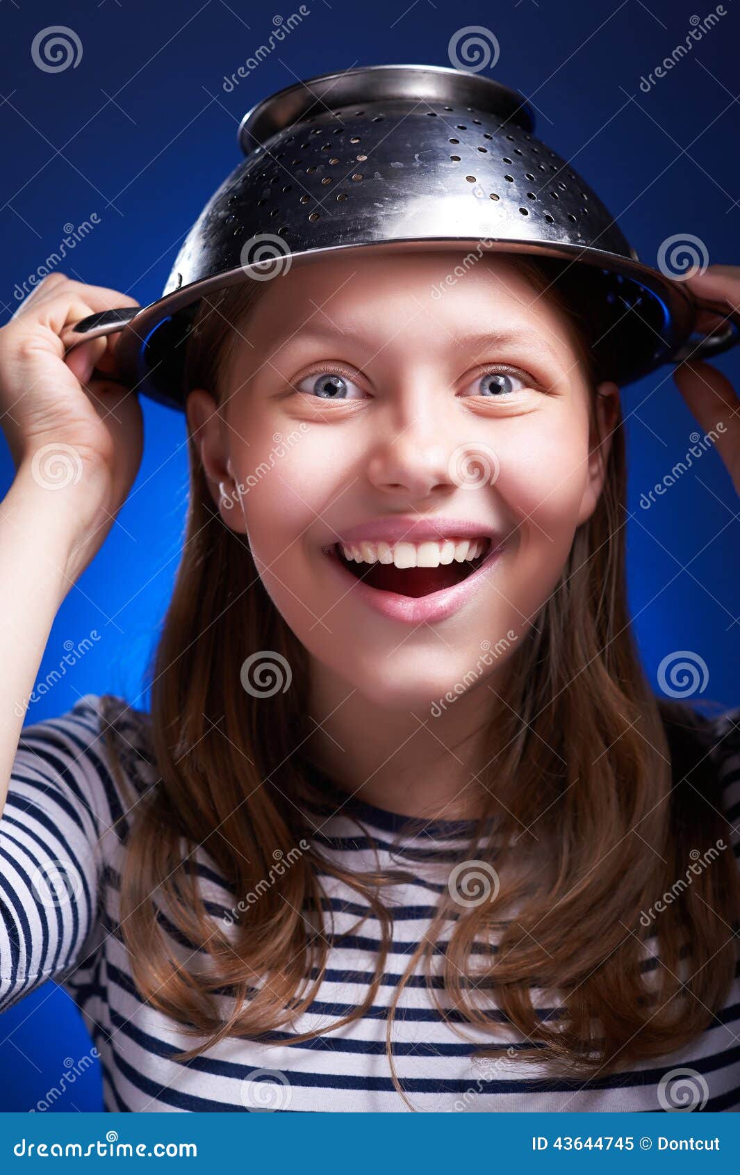 Girl with a Colander on Her Head Stock Image Image of cute, joke