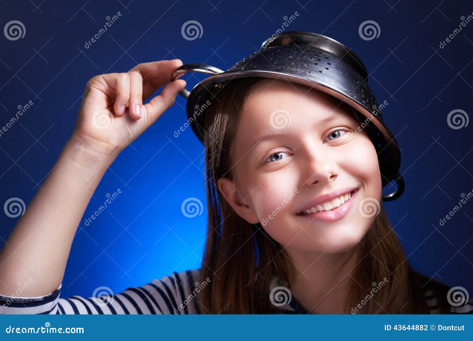 Girl with a Colander on Her Head Stock Photo Image of beautiful