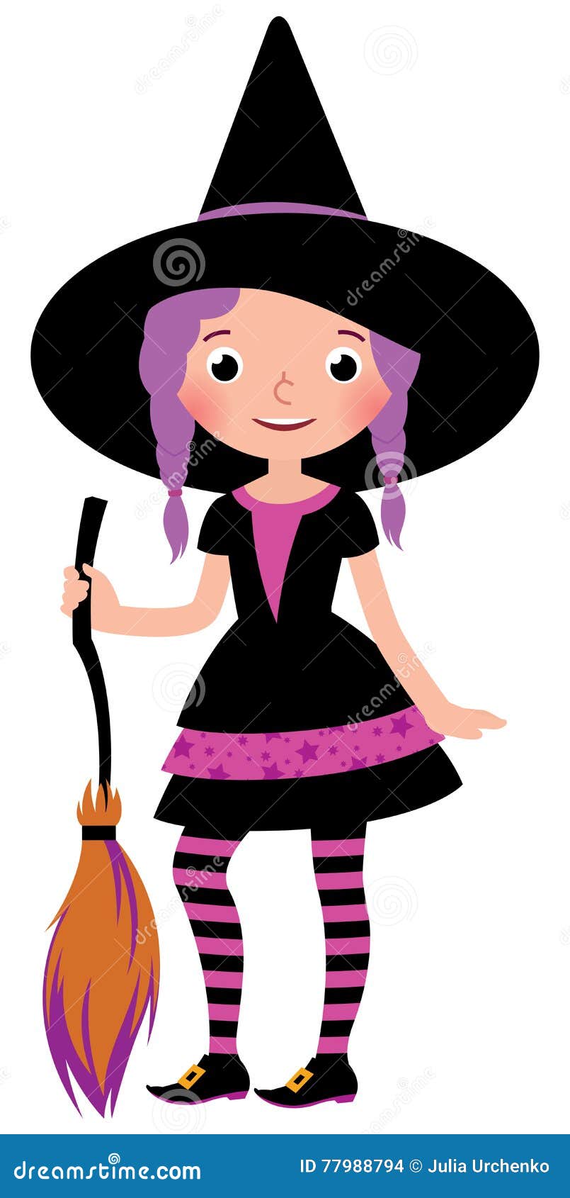 Girl in Costume Halloween Witch with a Broom Stock Vector ...