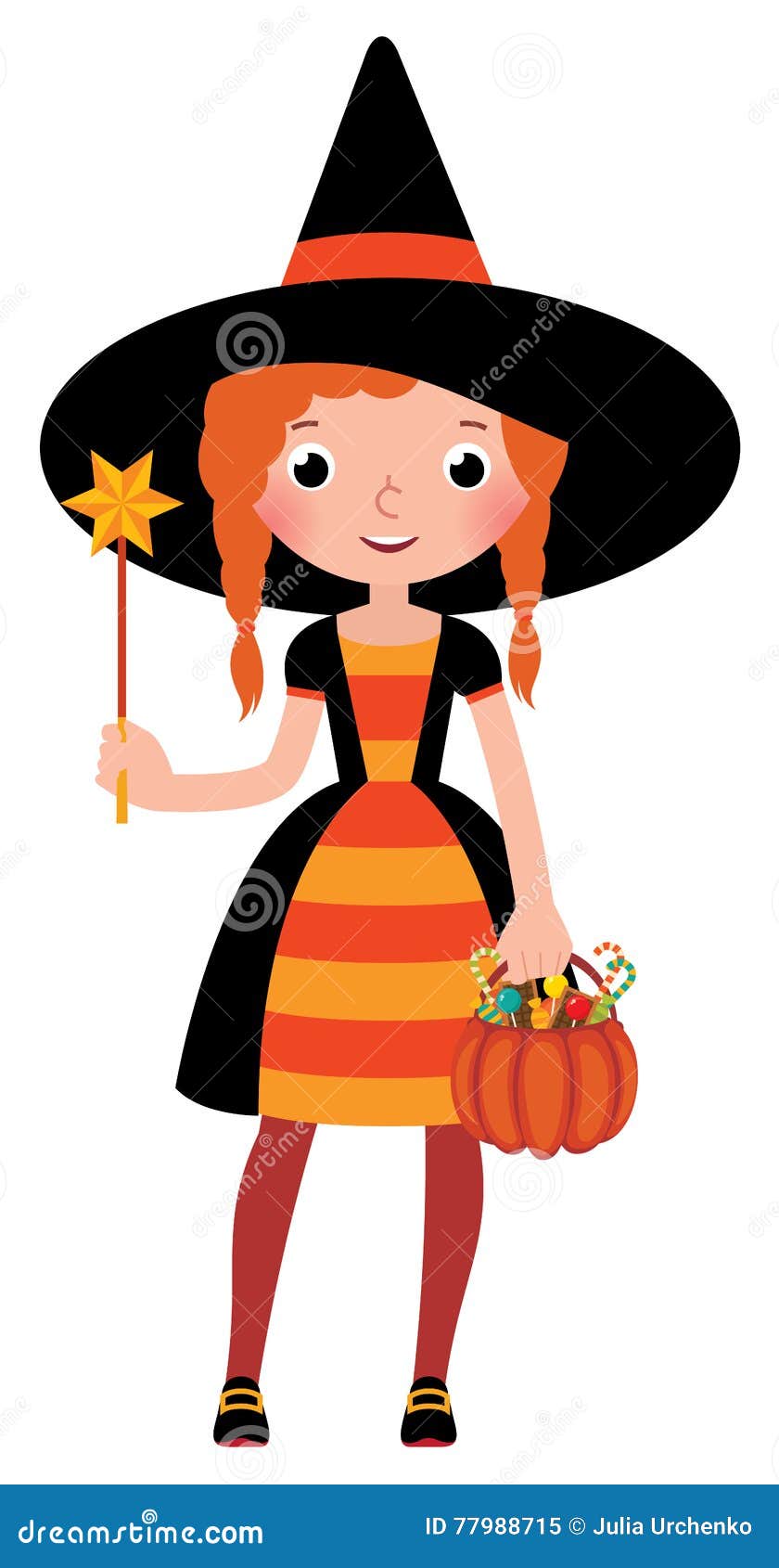 Girl in Costume Halloween Witch with a Magic Wand Vector Cartoon Stock ...