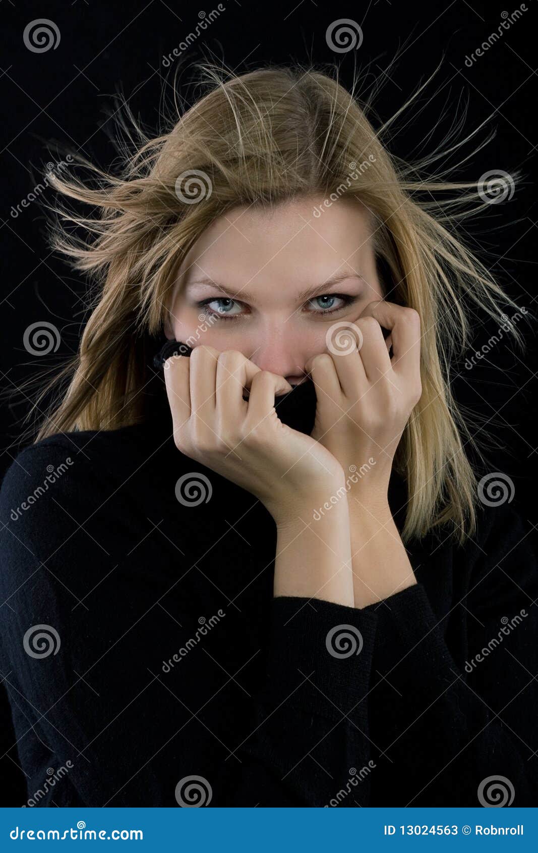Girl Covers Her Mouth with a Black Turtleneck Stock Image Image of