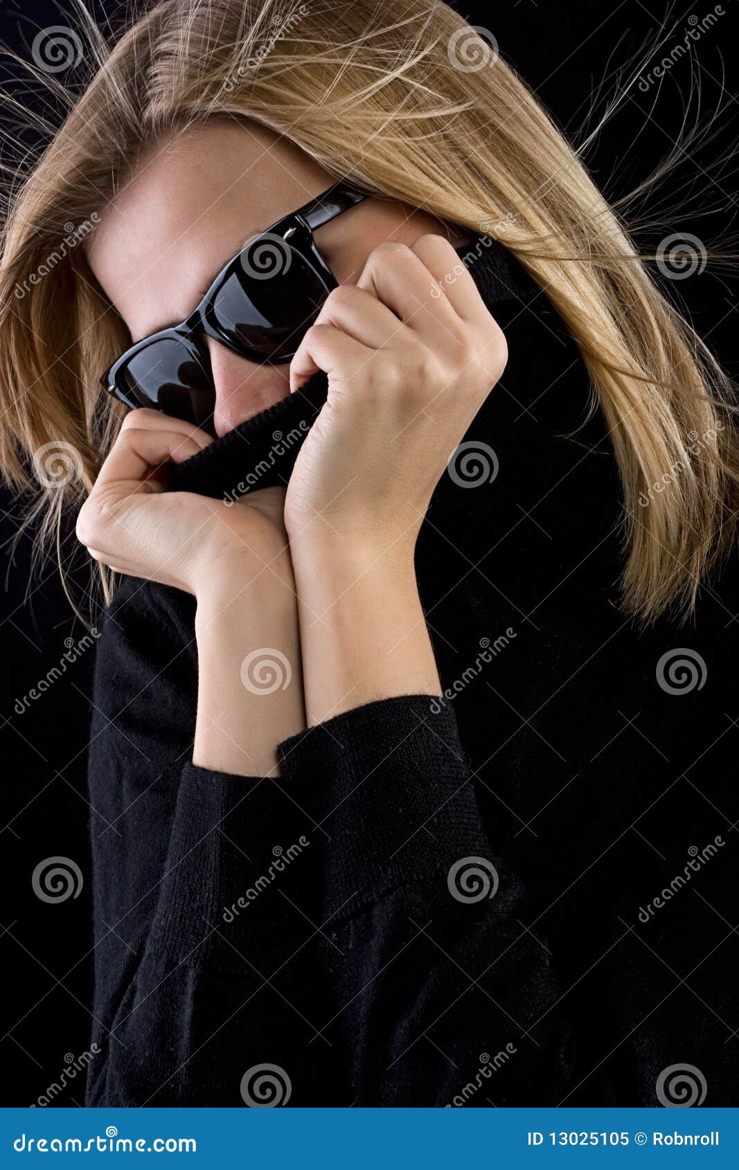 Girl Covers Her Mouth with a Black Turtleneck Stock Image Image of