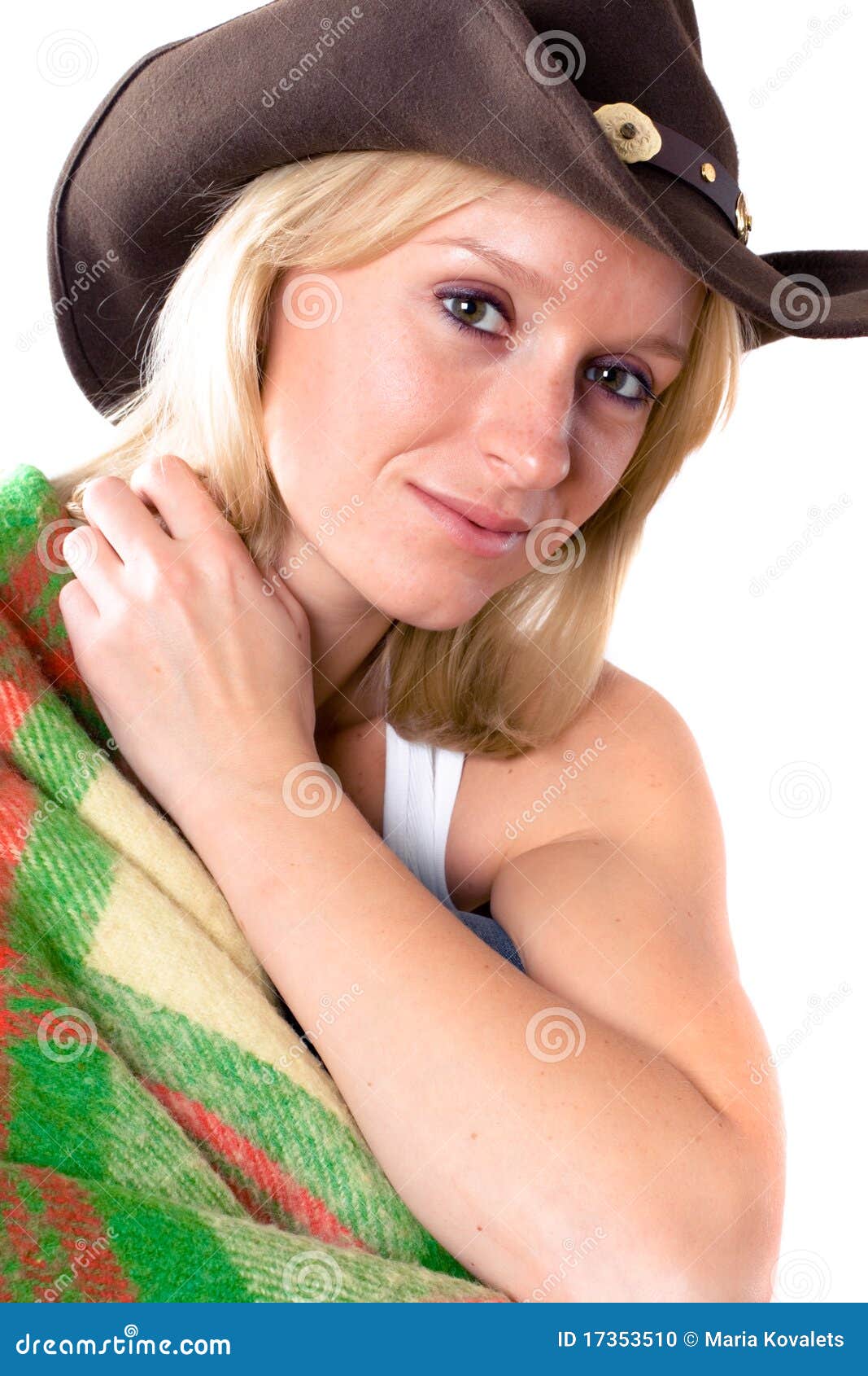 Girl in a Cowboy Hat with Wrapped in a Plaid Stock Photo Image of