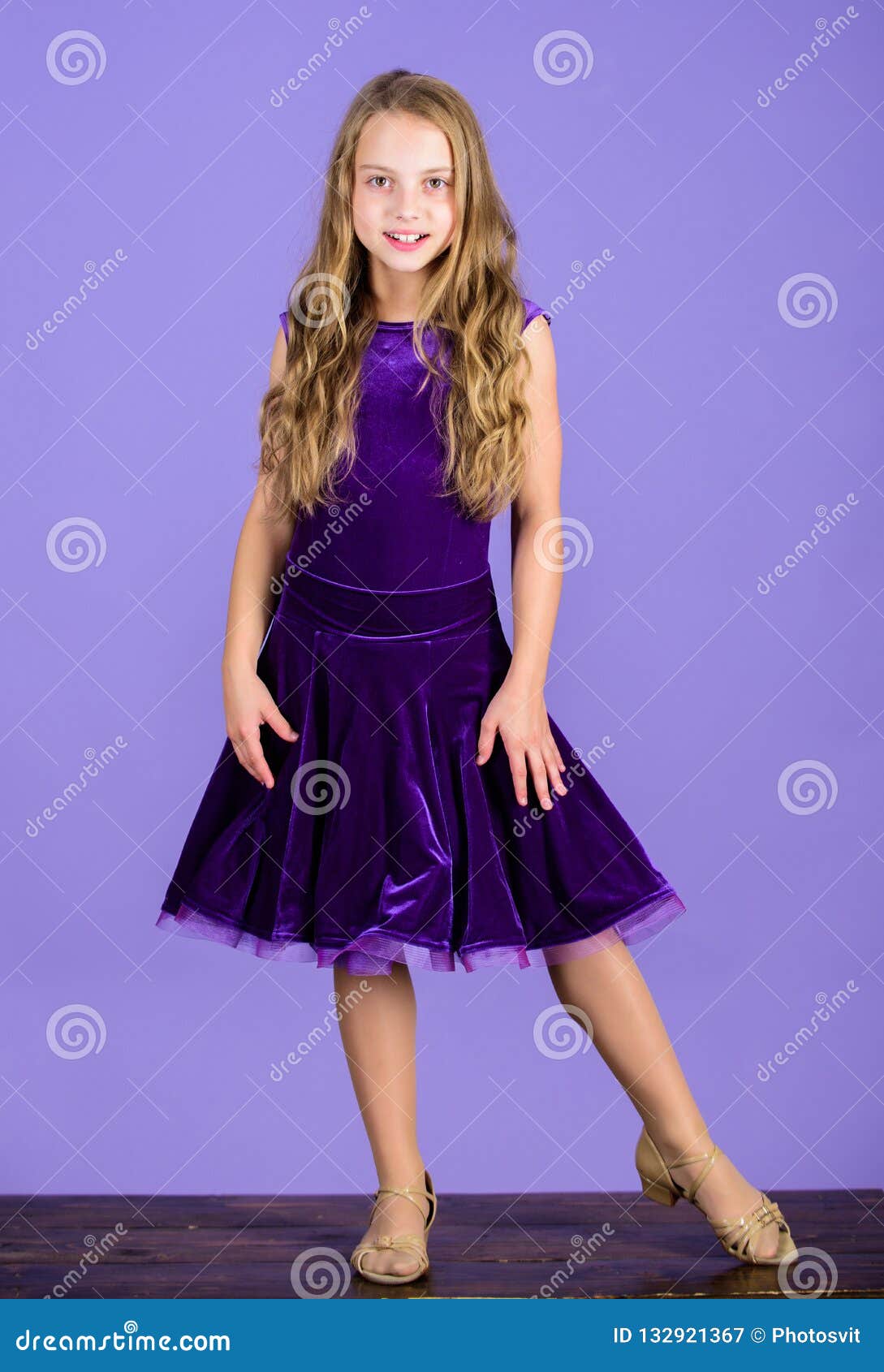Girl Cute Child Wear Velvet Violet Dress. Clothes for Ballroom Dance. Kid  Fashionable Dress Looks Adorable Stock Image - Image of cheerful, hair:  132921367