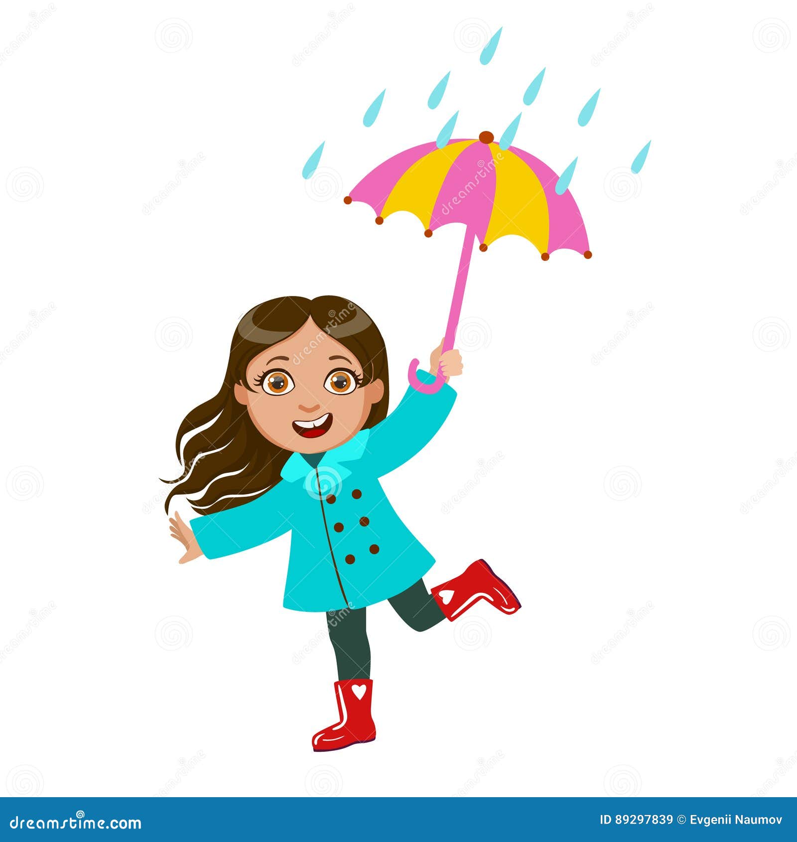 Girl Dancing Under Raindrops with Umbrella, Kid in Autumn Clothes in ...