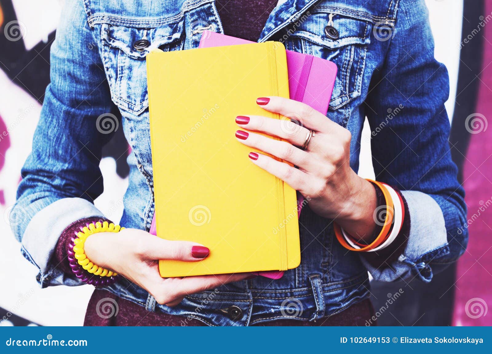 Girl in Denim Jacket with Colorful Copybooks Stock Image - Image of ...