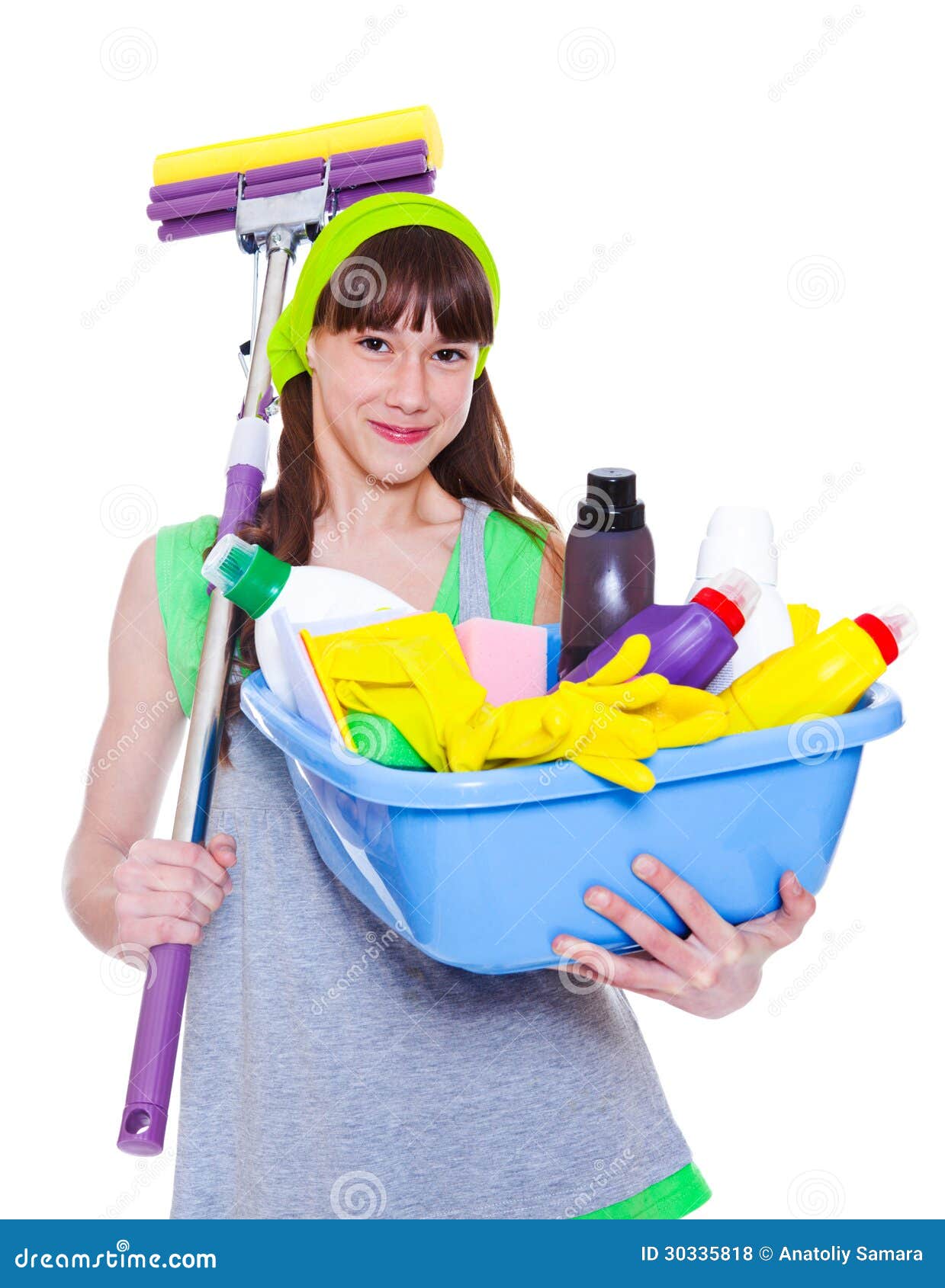 girl with detergents and mop