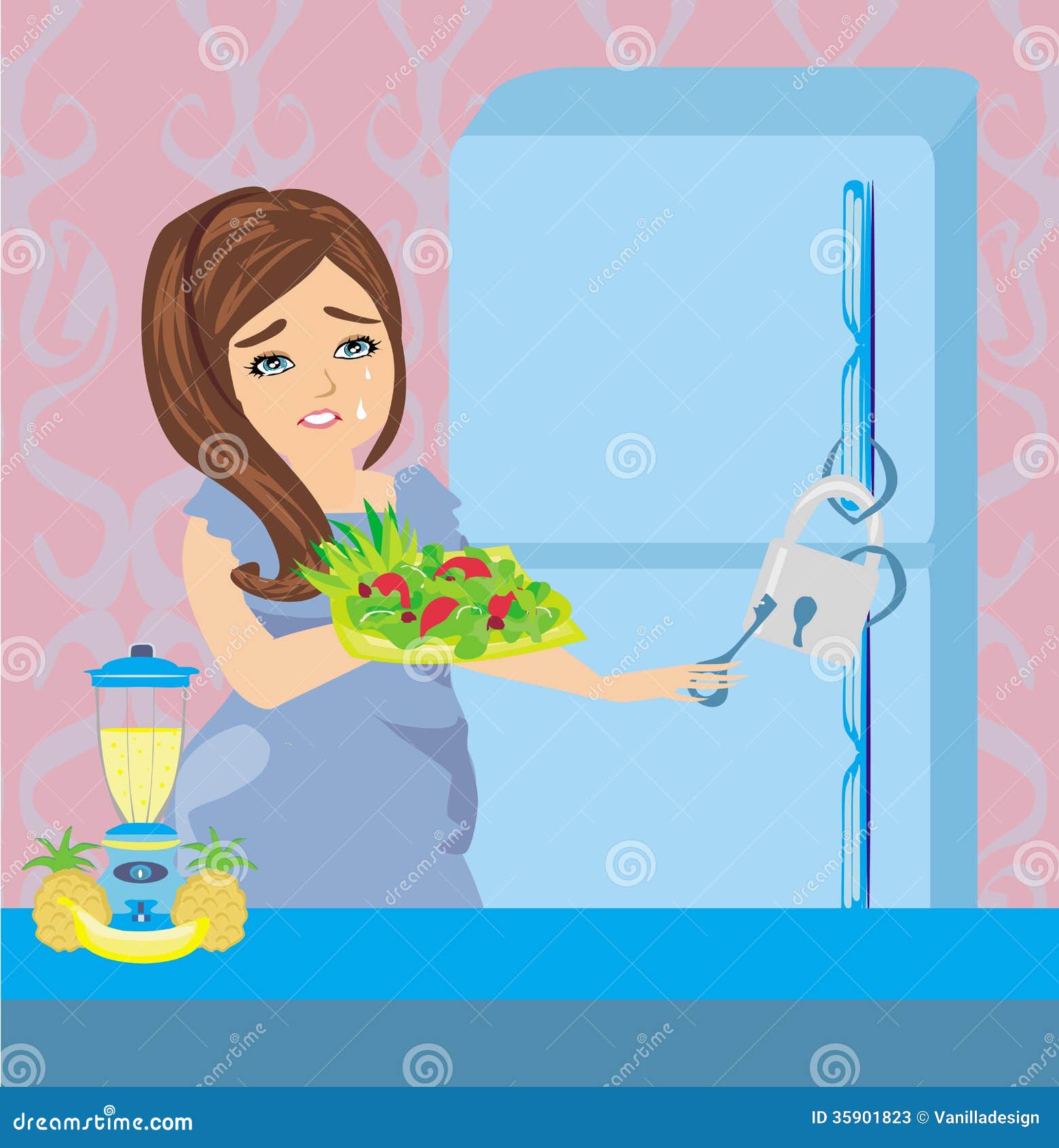 Girl on a Diet Refrigerator with Chain and Lock Stock Vector