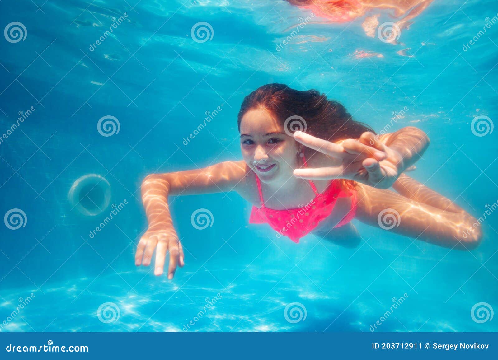 Girl Show V Gesture with Hand Happy Diving in Pool Stock Image - Image ...