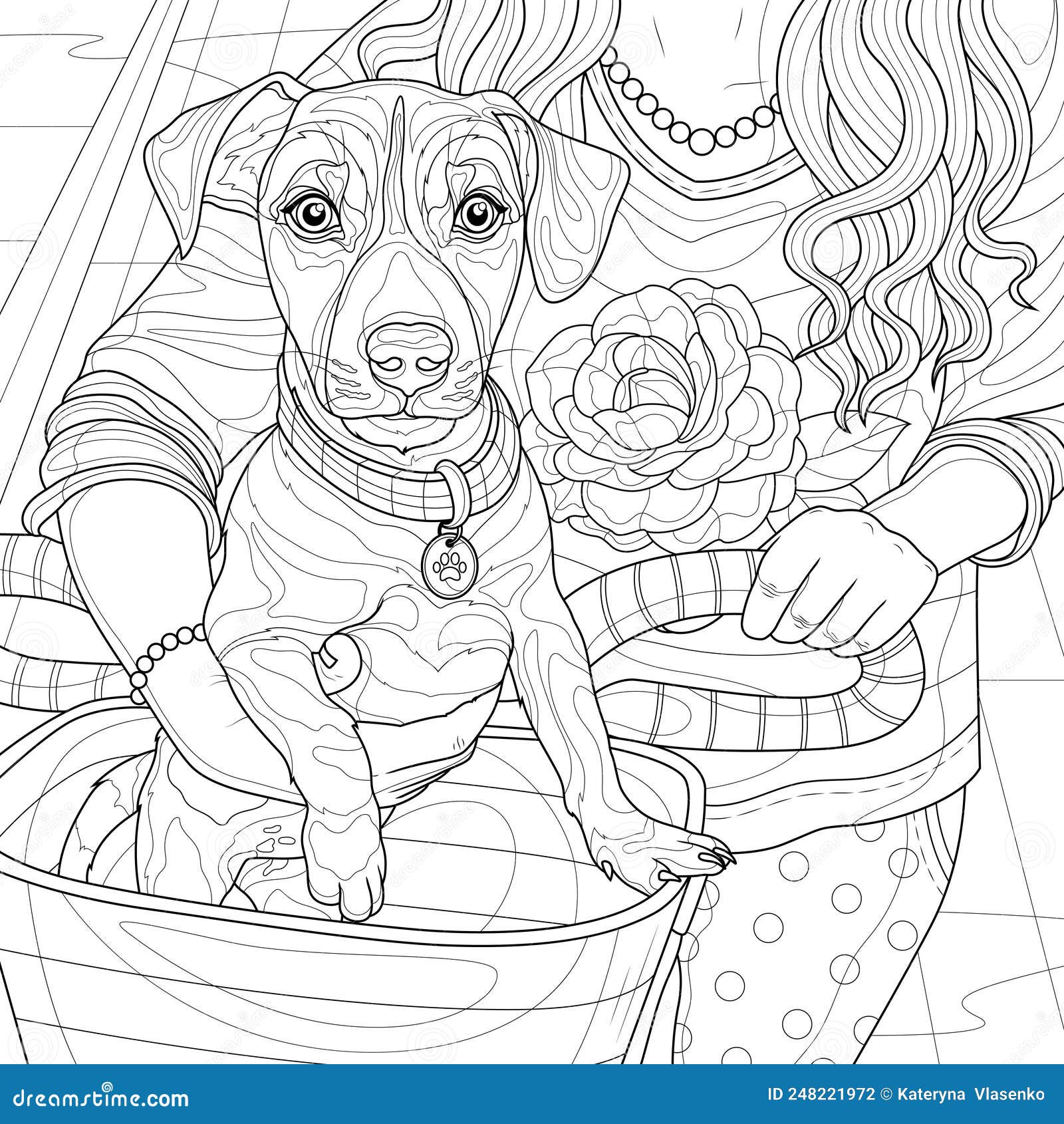 Girl with a Dog in a Bicycle Basket.Jack Russell.Coloring Book ...