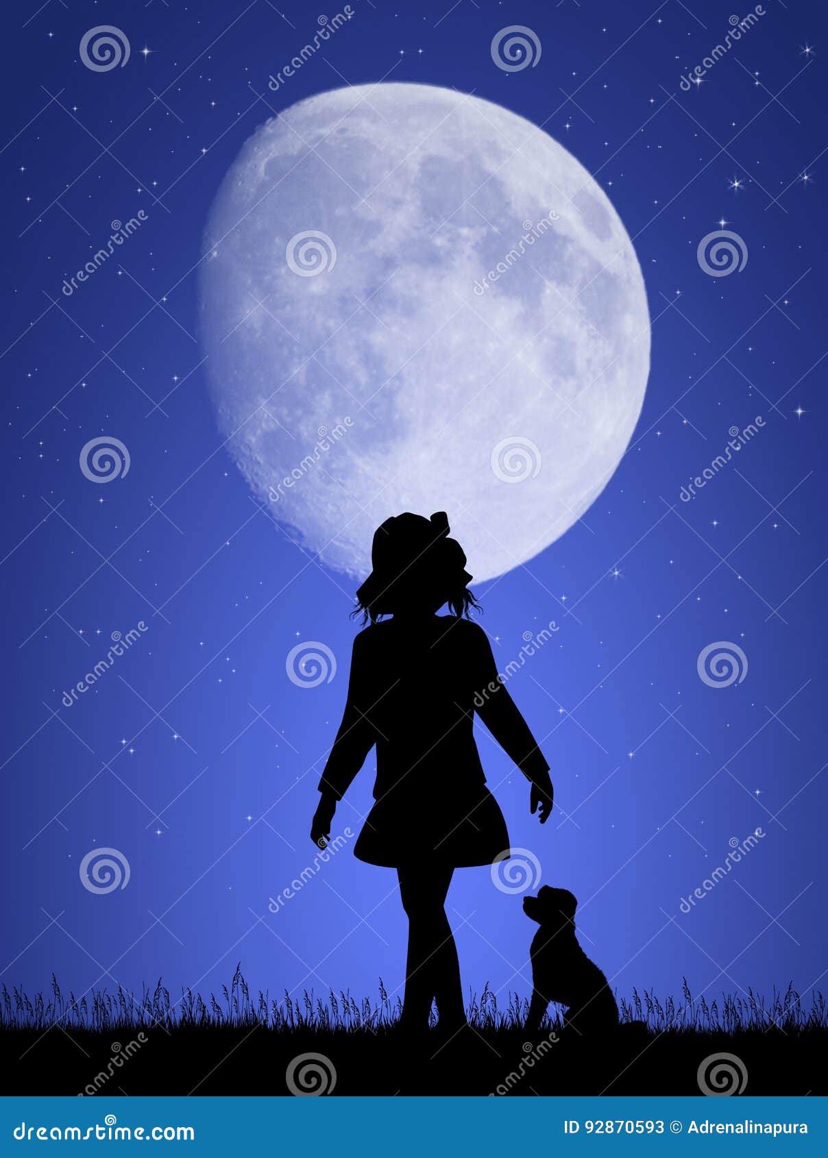 Girl with Dog in the Moonlight Stock Illustration Illustration of