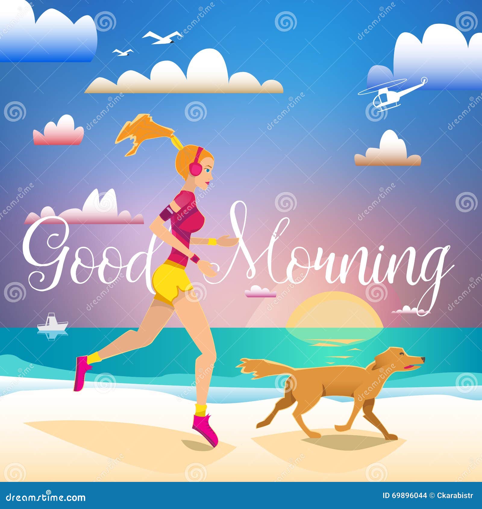 Girl and Dog Running on the Beach in the Morning Stock Vector ...