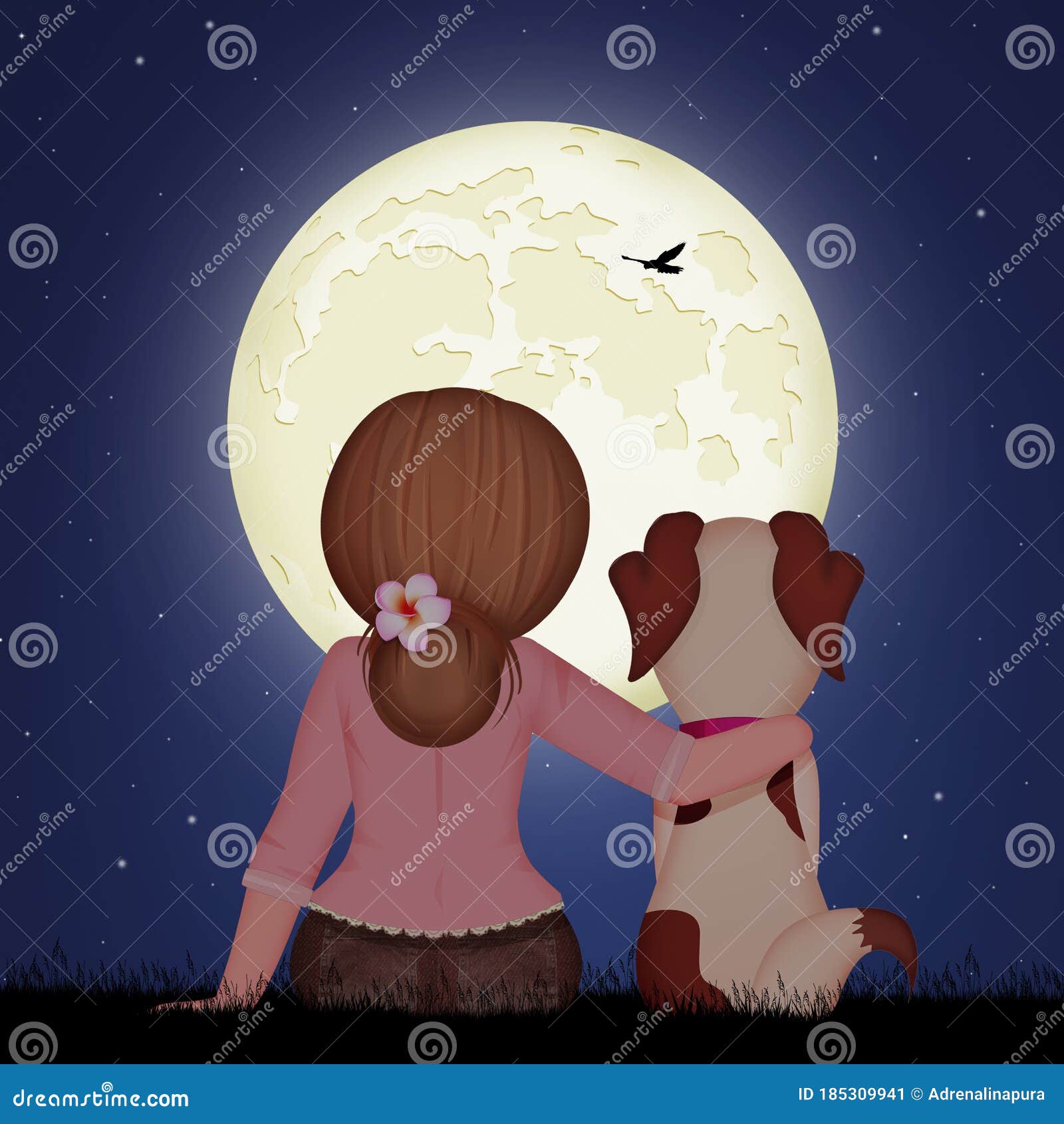 Girl and Dog Sitting in the Grass in the Moonlight Stock Illustration