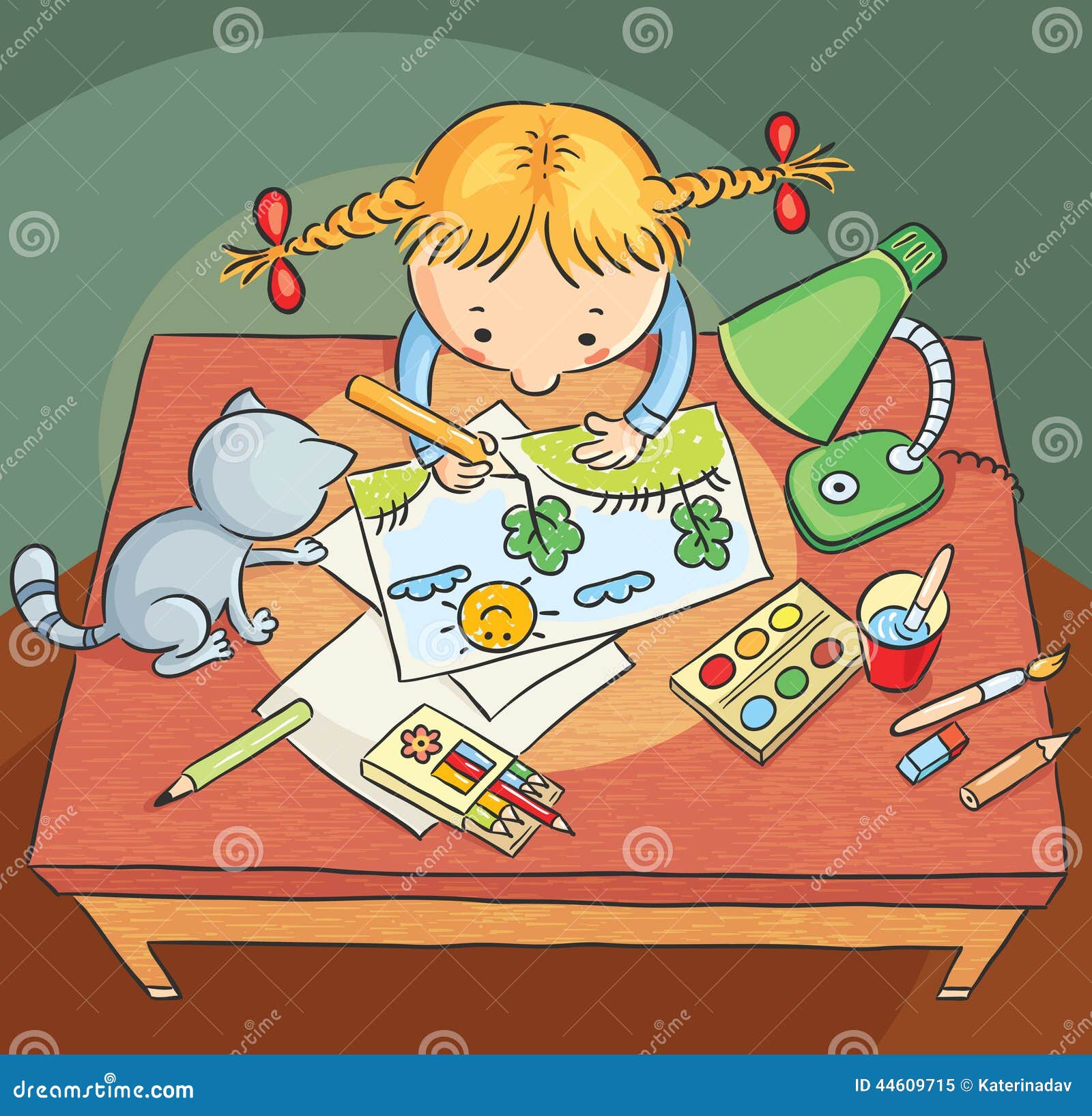 Happy Cute Little Kid Girl Draw on Canvas Stock Vector