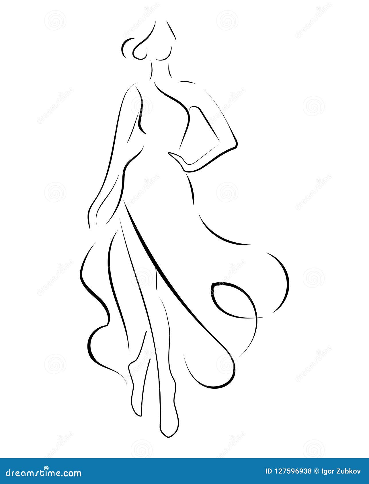 Girl In A Dress. Linear Outlines Of A Female Figure In A Dress ...