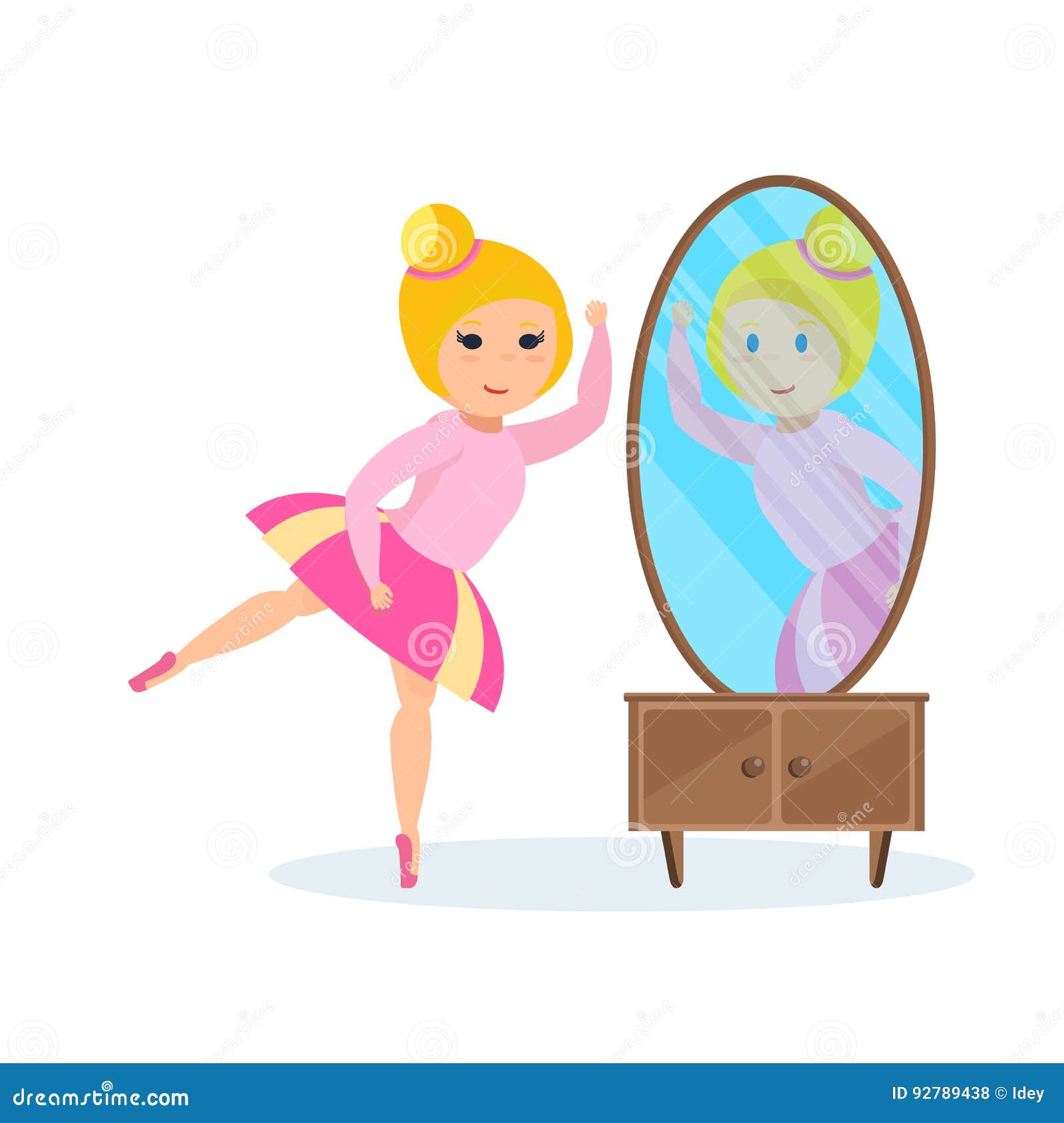 Girl in Dress, Looks in Mirror, Presents Herself Ballet Dancer. Stock ...