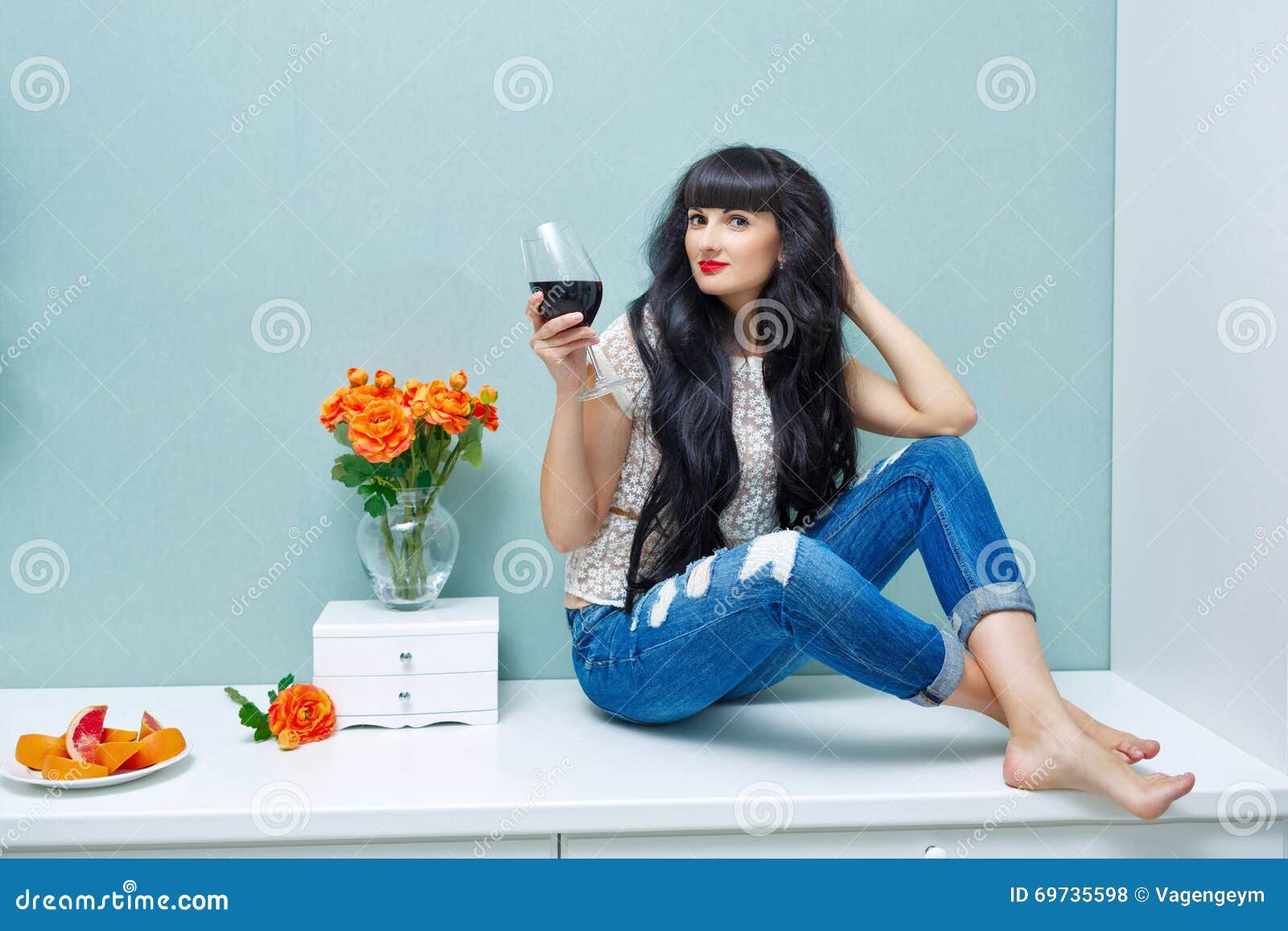 Girl Drinking Wine At Home Holidays Stock Photo Image