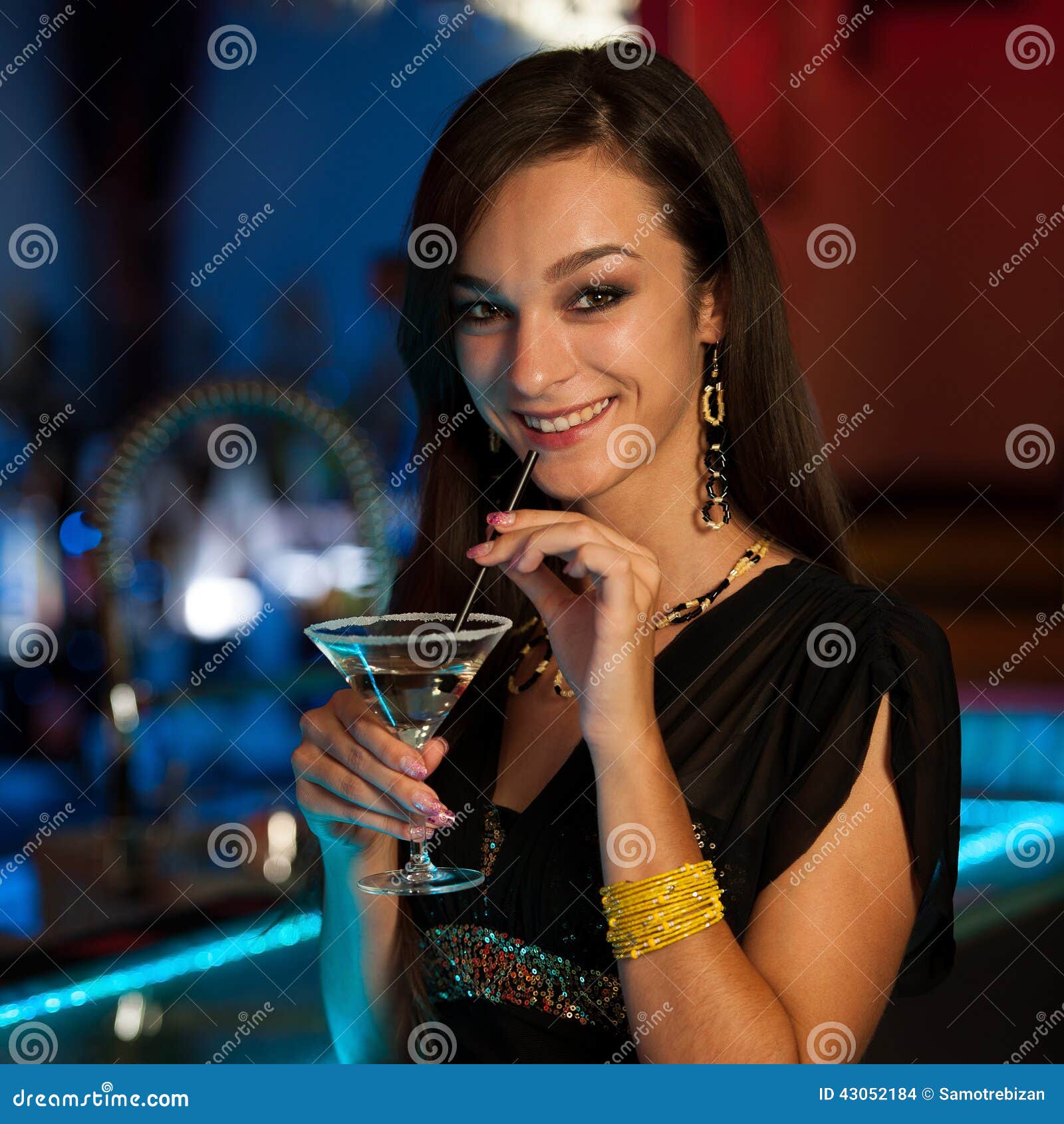 Girl Drinks a Cocktail in Night Club Stock Photo Image of event