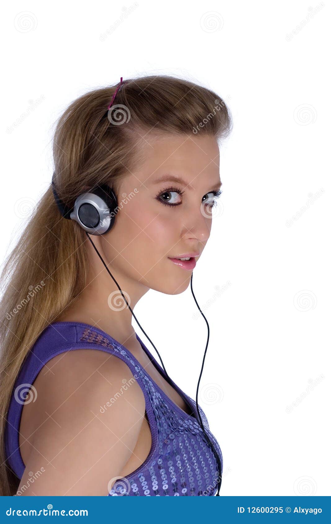 Girl with earphones stock image. Image of isolated, hand 12600295