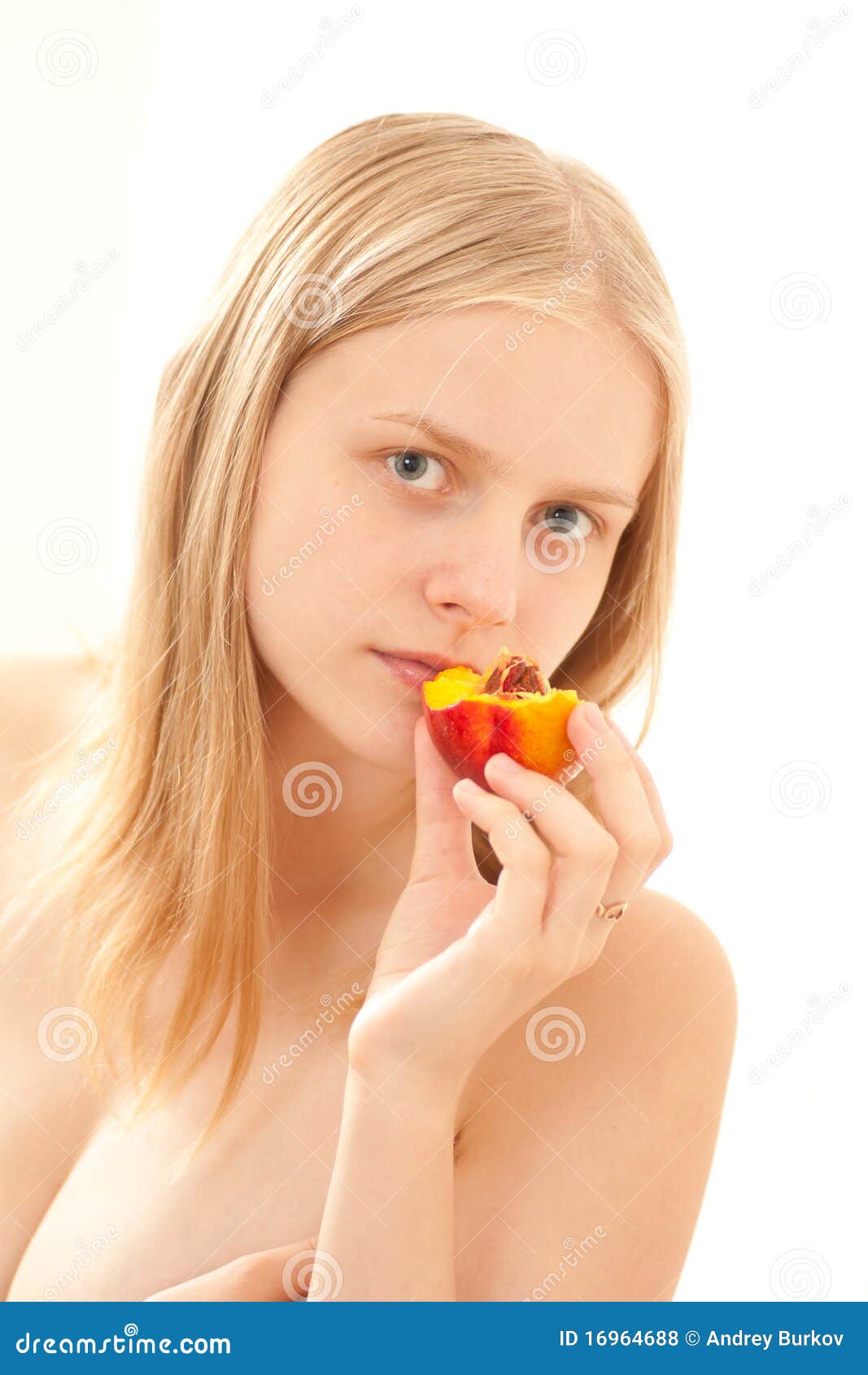 Girl eating a peach stock photo. Image of female, active 16964688