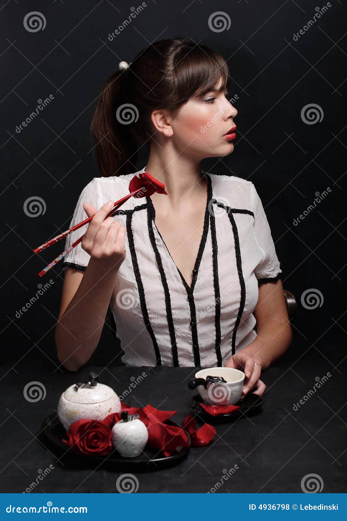 Girl Eating Red Rose Petals Stock Photo Image of view, closeup 4936798
