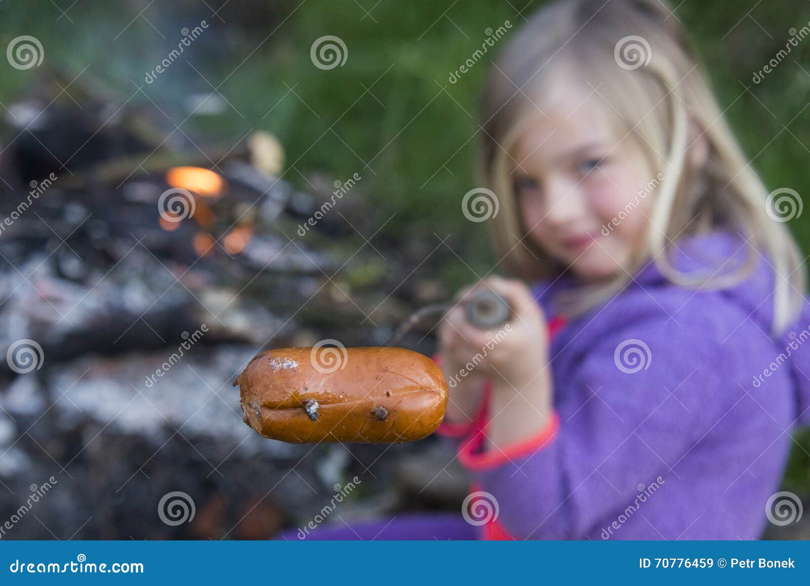 Girl Eating Sausage Cooked on Camp Fire Stock Image Image of outdoors