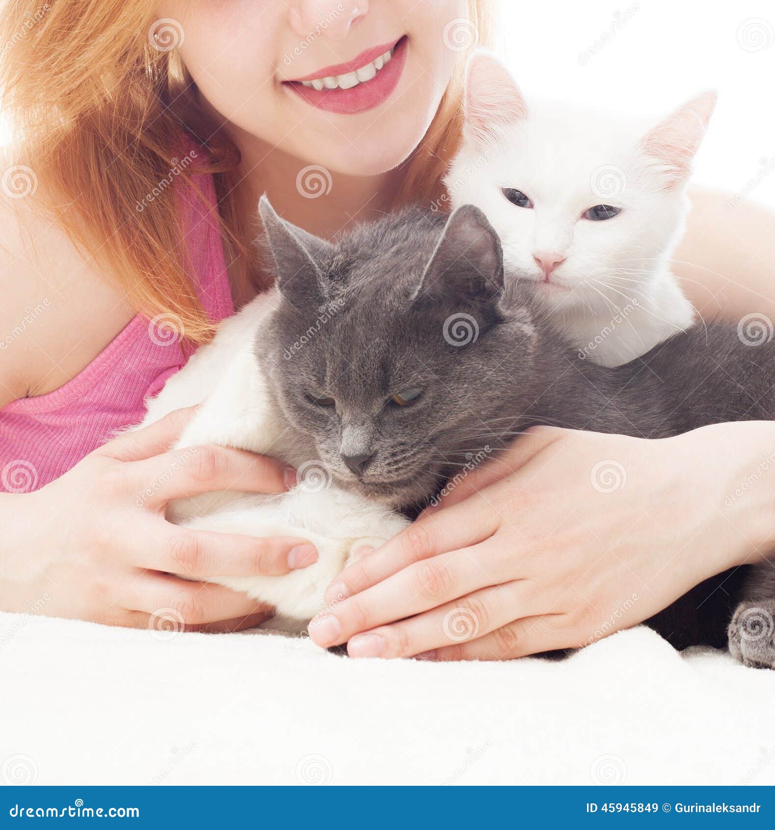 Girl embraces two cats stock image. Image of embraces 45945849