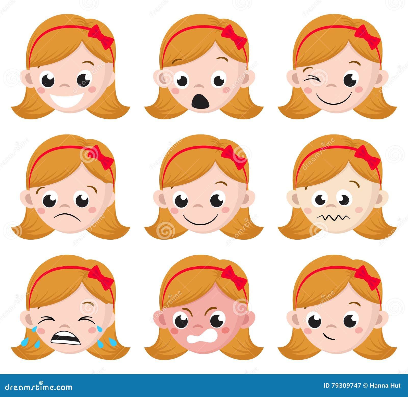 Girl Emotion Faces Cartoon. Isolated Set of Female Avatar Expressions ...