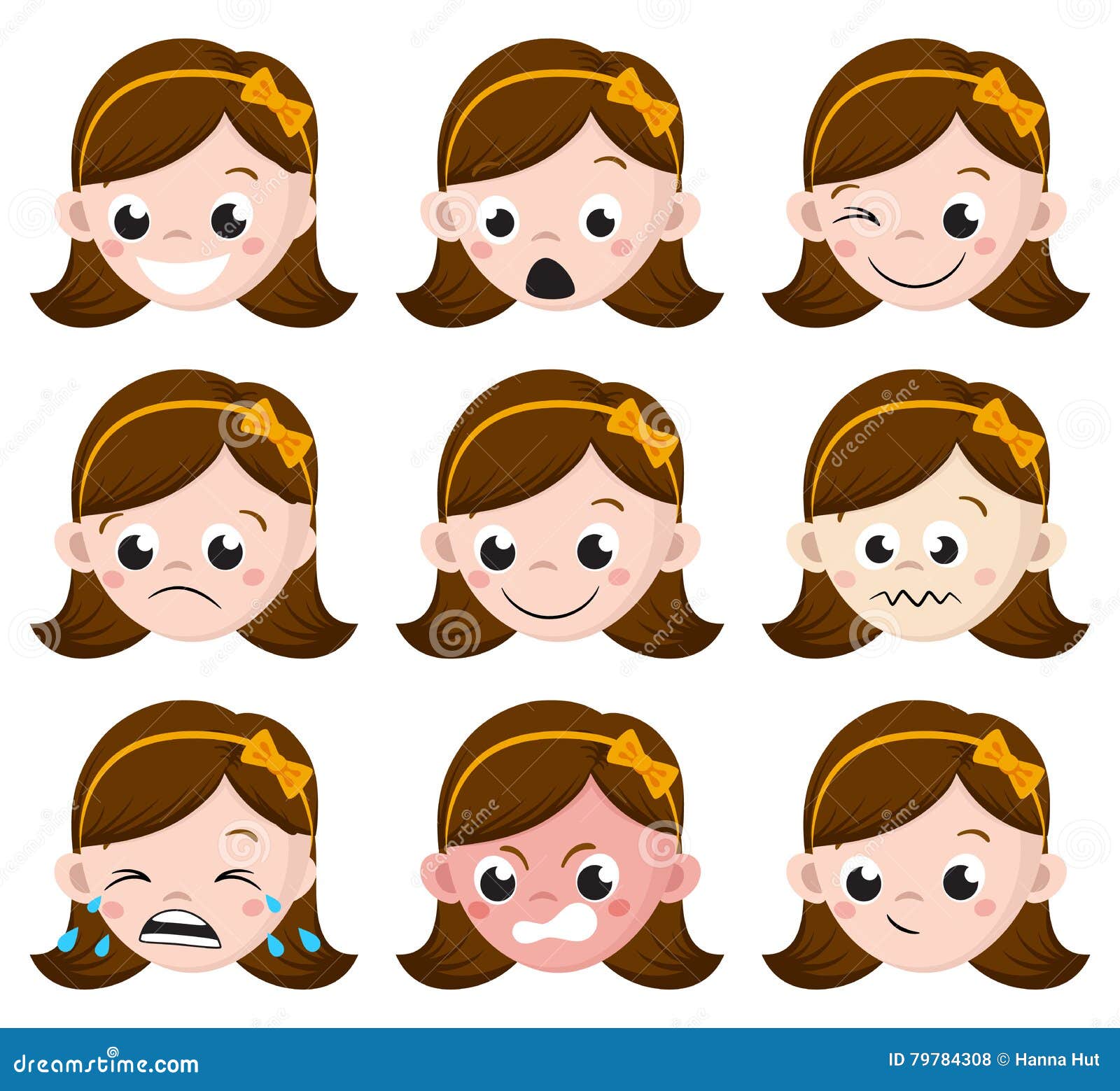 girl emotion faces cartoon. set of female avatar expressions.