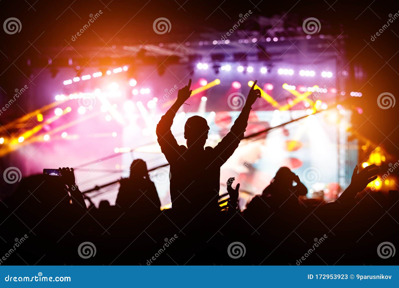 Girl Enjoying a Music Festival or Concert. Black Silhouette of the ...