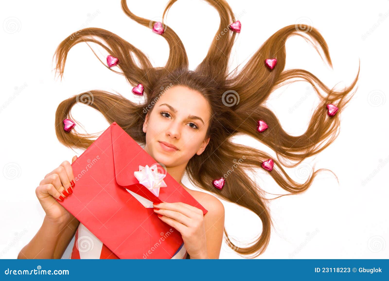 Girl with Envelope on White Stock Image - Image of white, attractive