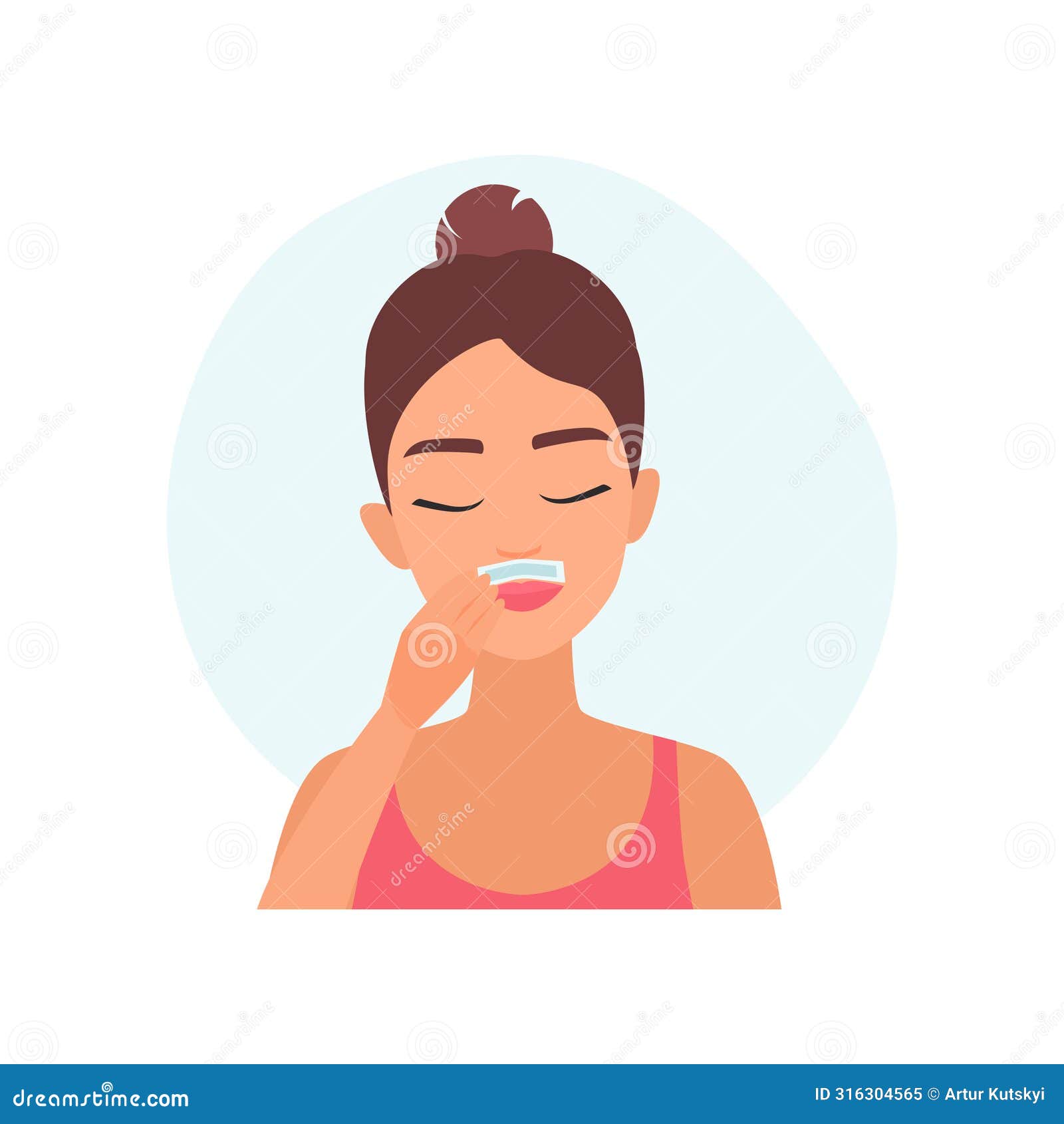 girl epilating lip area using wax strip, hygiene skincare procedure