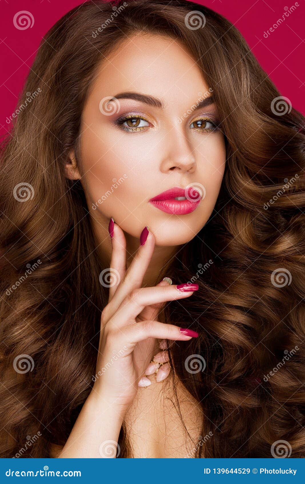 Girl Fashion Model with Bright Makeup and Red Manicure on the Nails ...