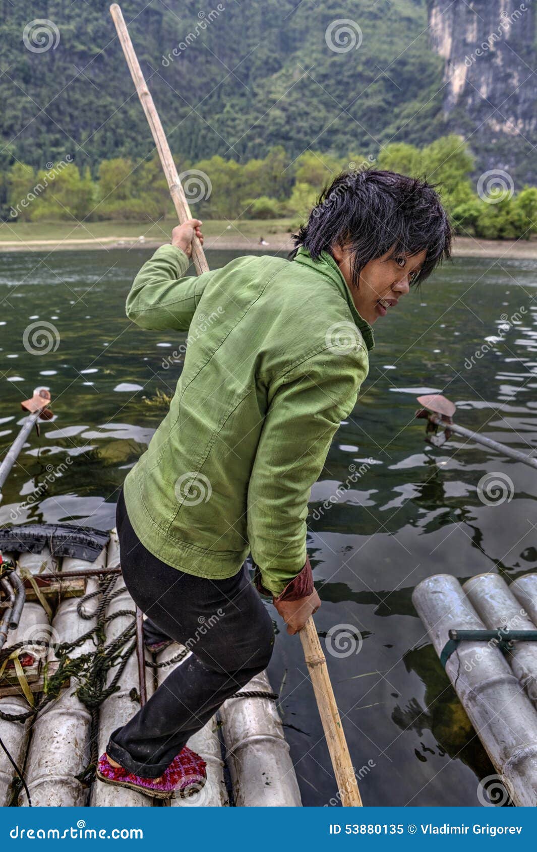Girl Ferryman Crosses River on Bamboo Raft in Guilin, China Editorial Image  - Image of bucolic, passage: 53880135
