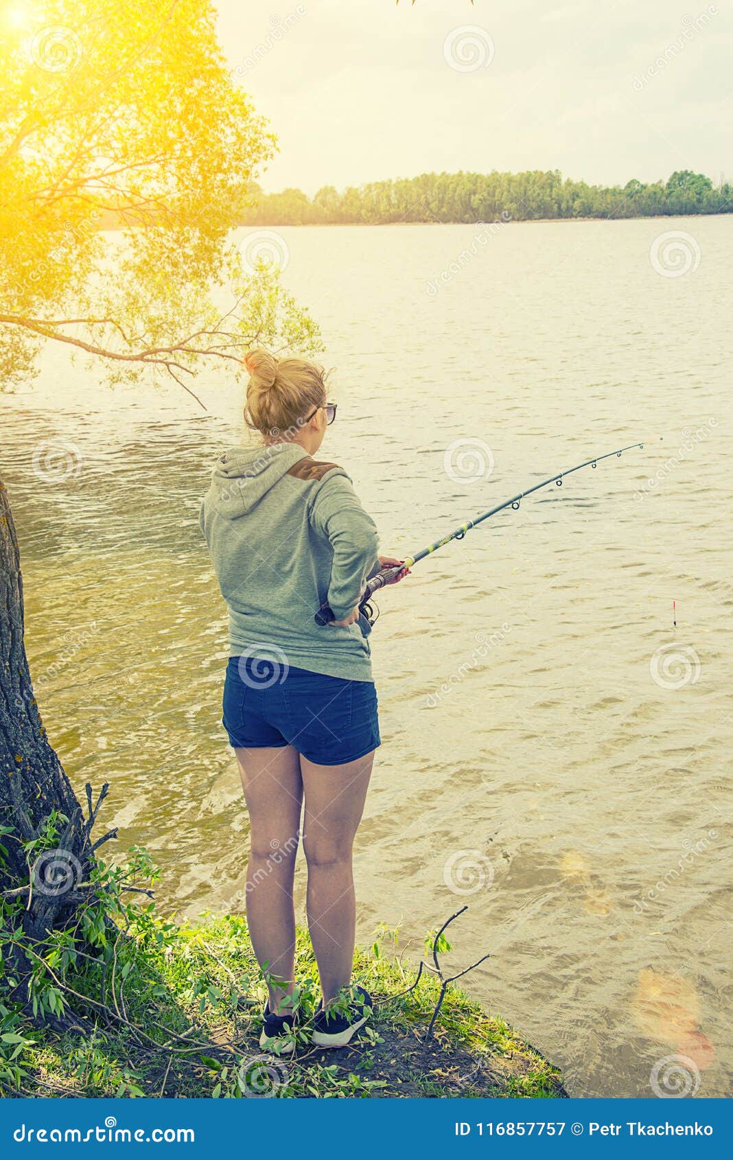 Girl with Fishing Rod Fishing in the Pond Stock Image - Image of