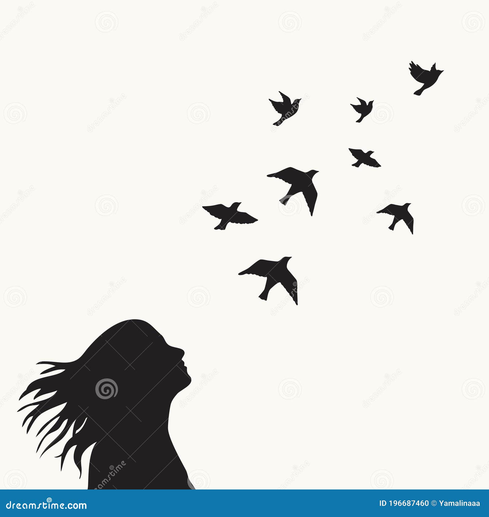 Girl with flock of birds stock vector. Illustration of creative - 196687460