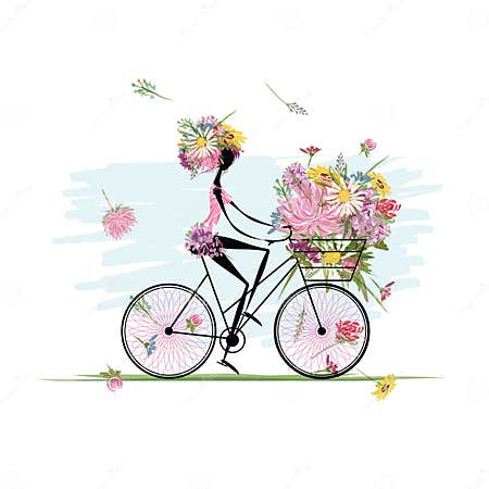 Girl with Floral Bouquet in Basket Cycling Stock Vector - Illustration ...