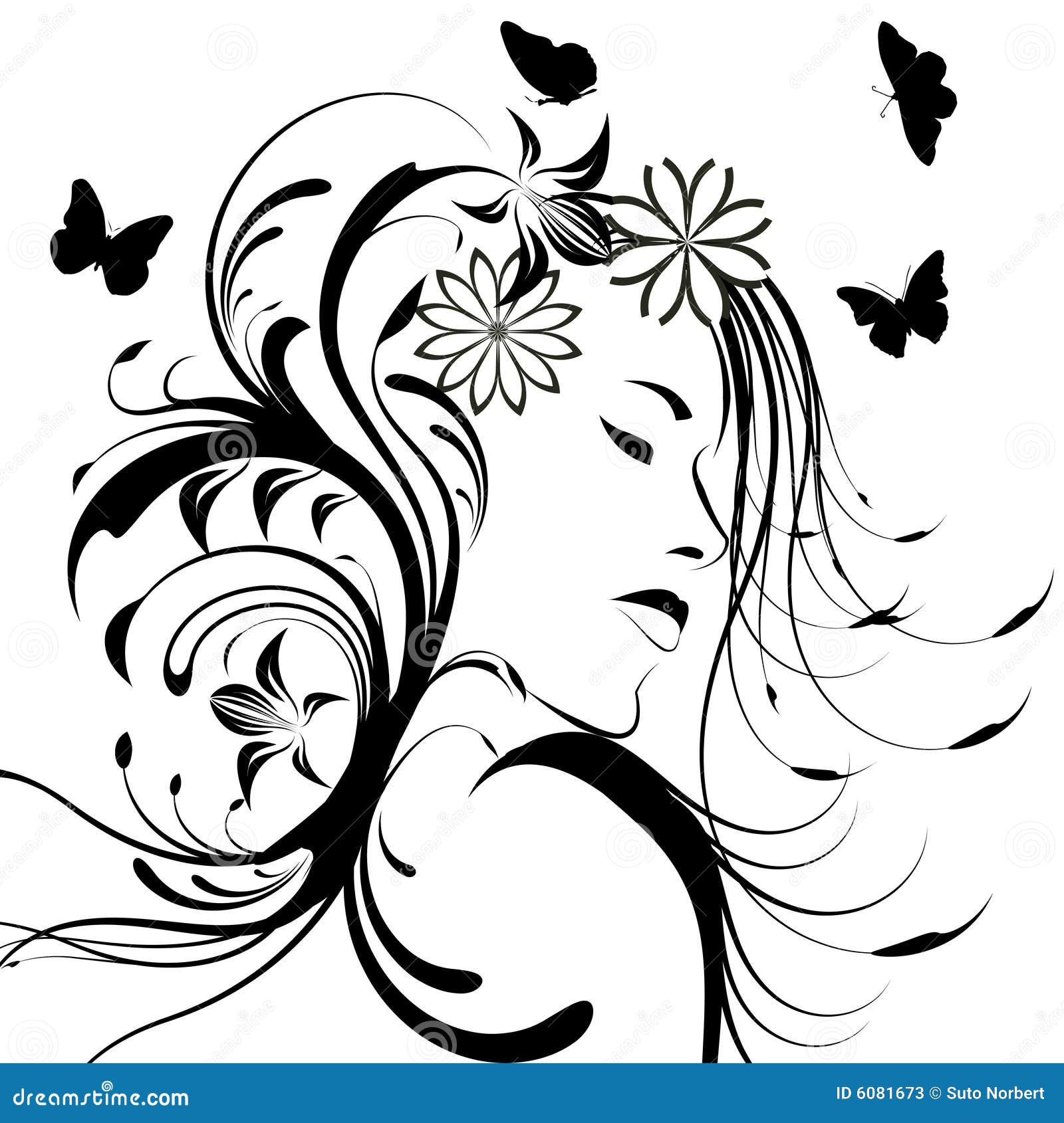 Girl with flowers in hair stock vector. Illustration of lips 6081673